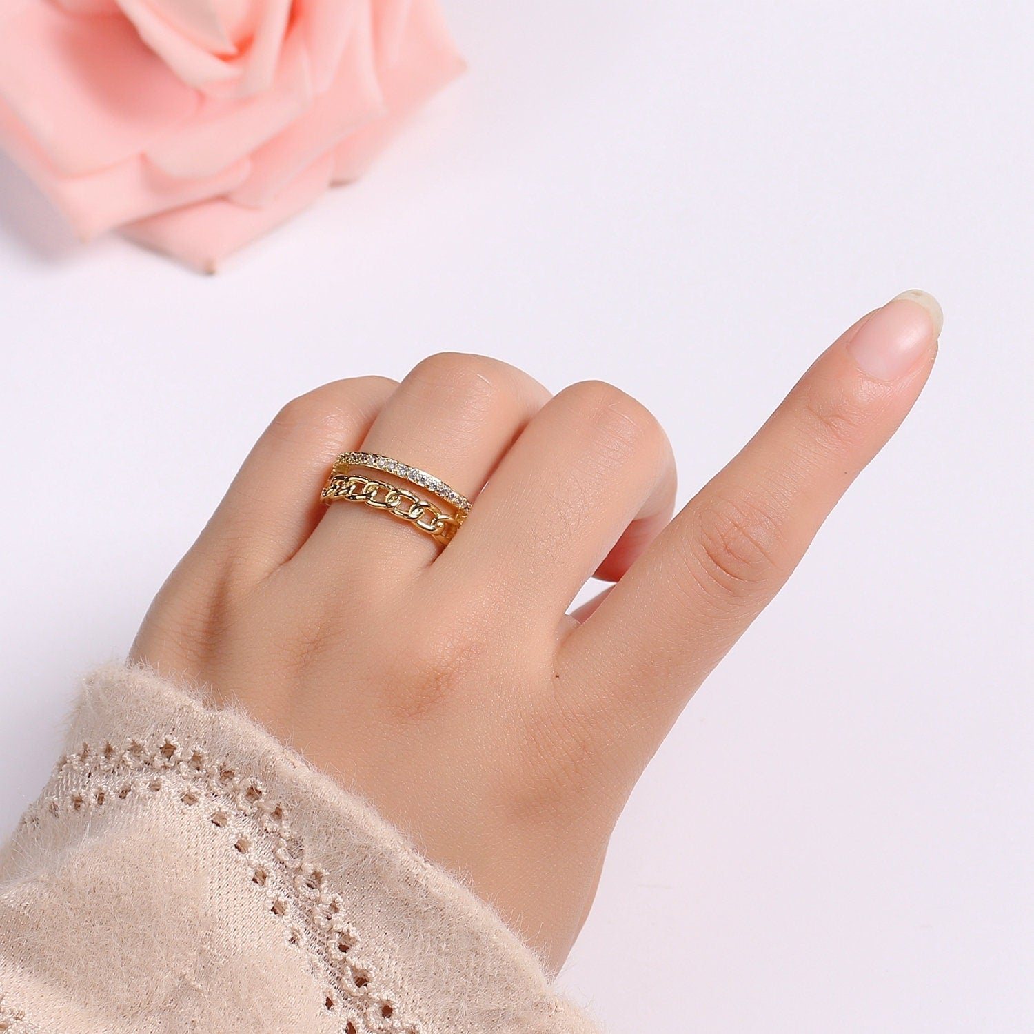 Gold Ring, Adjustable Gold Curb Ring, Micro Pave Gold Band Ring, Shiny Double Band Ring for Statement Jewelry O-286