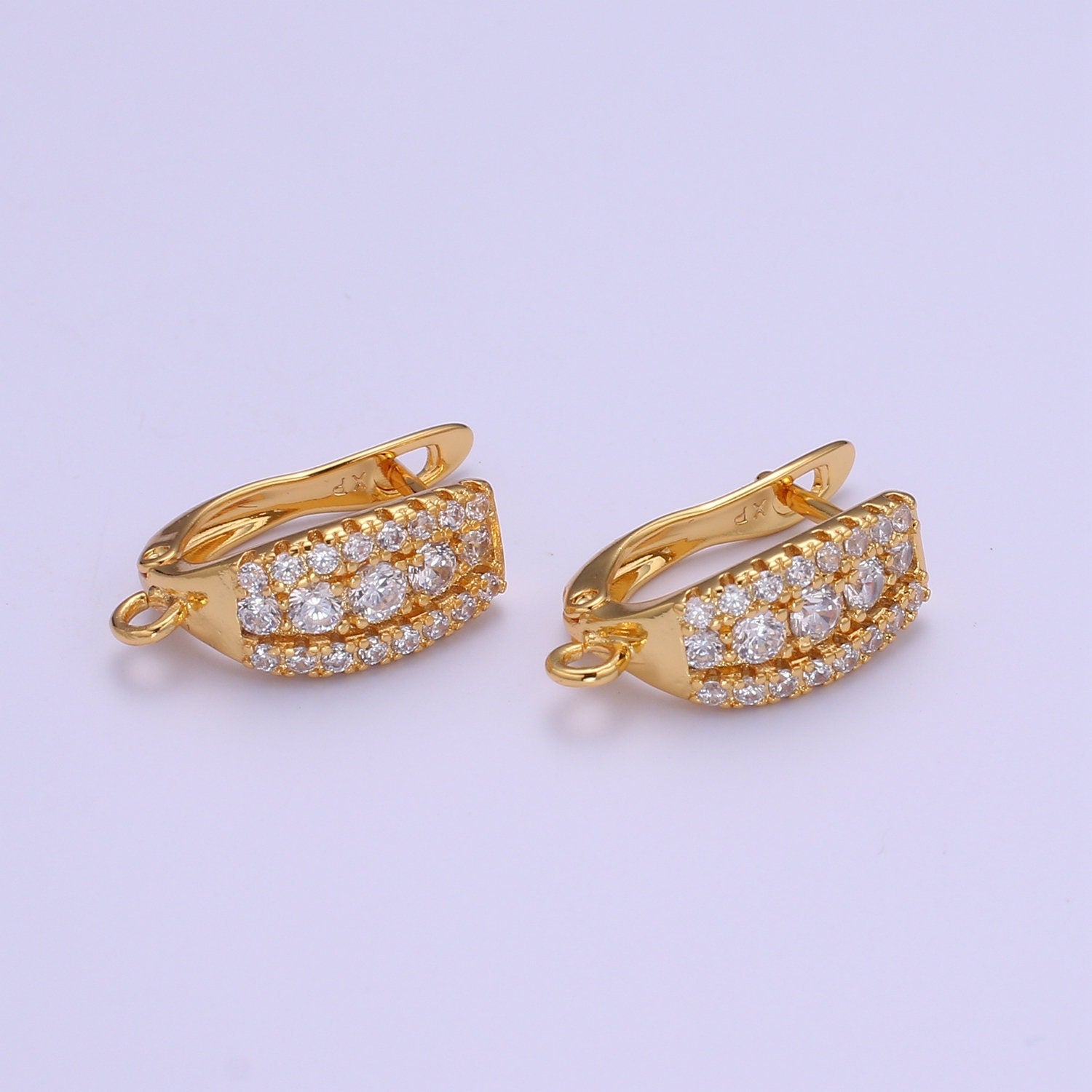 Gold cubic one touch w/ open link, Nickel free 1 pair Earring Lever back earring making, CZ hoop earring charm Supply