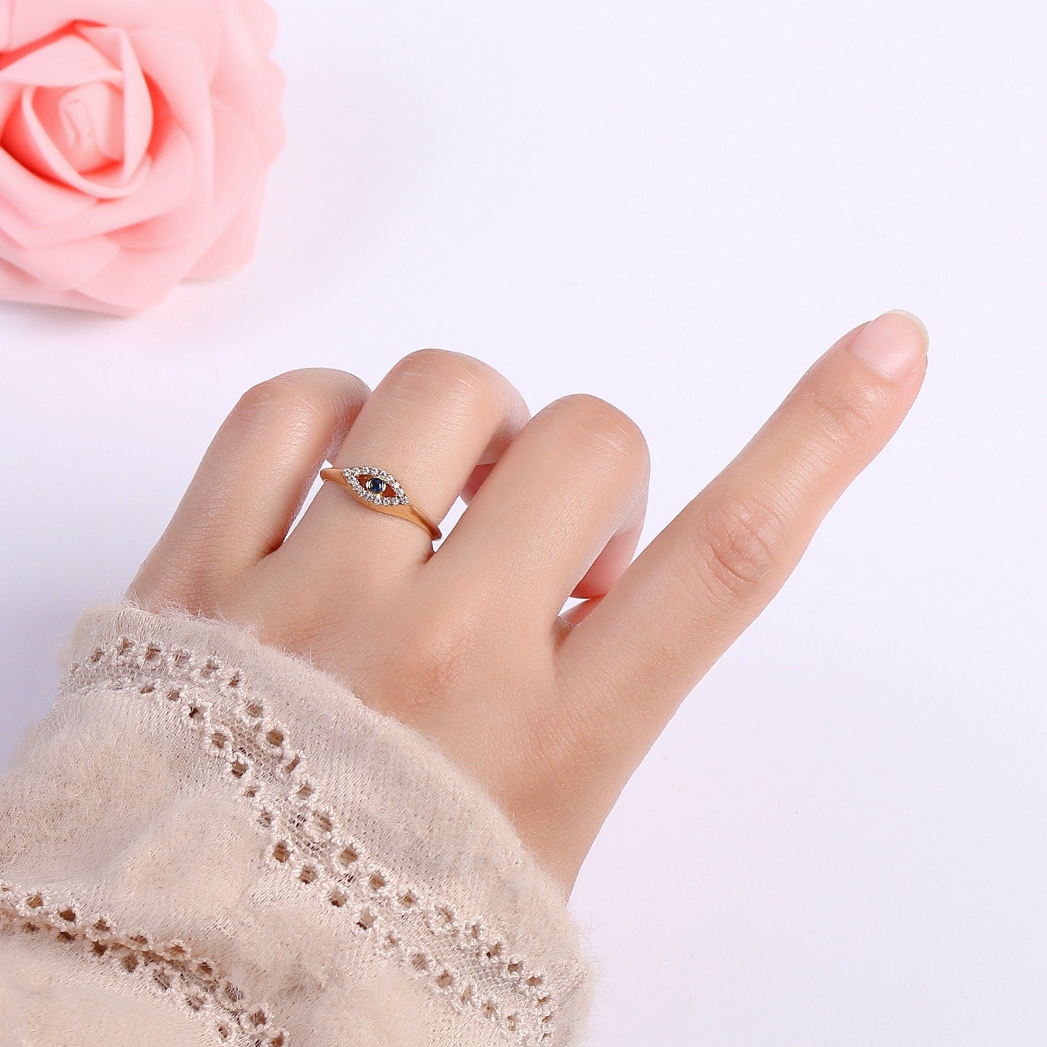 1pc Blue Solitaire CZ 14K Gold Ring, Evil Eye Adjustable Gold Open Ring, Simple Ring,Clear Cubic Zirconia Ring- R-491