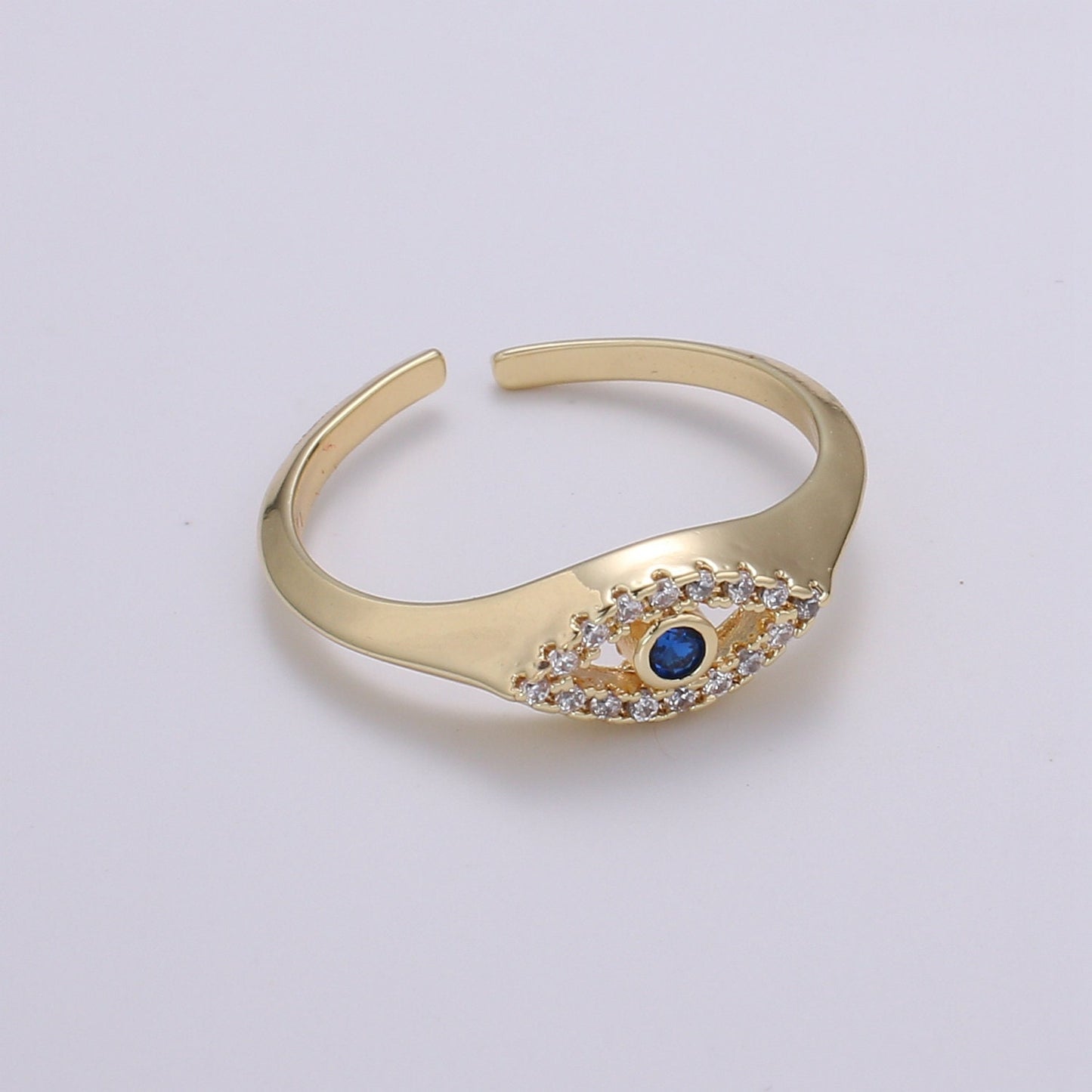 1pc Blue Solitaire CZ 14K Gold Ring, Evil Eye Adjustable Gold Open Ring, Simple Ring,Clear Cubic Zirconia Ring- R-491