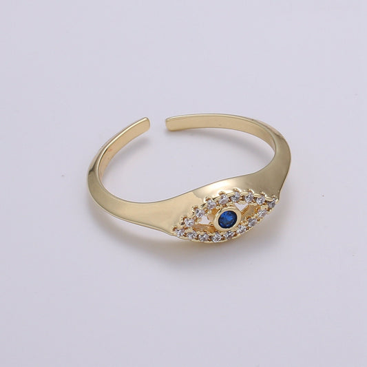 1pc Blue Solitaire CZ 14K Gold Ring, Evil Eye Adjustable Gold Open Ring, Simple Ring,Clear Cubic Zirconia Ring- R-491