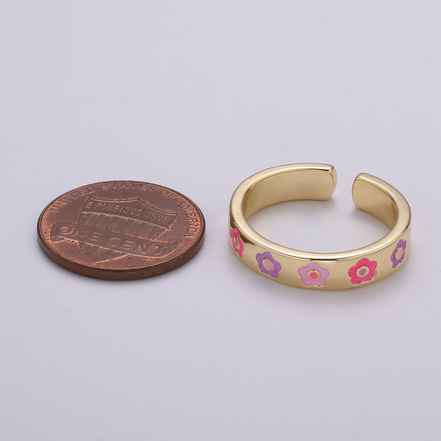 1pc Dainty Flower 18k Gold Plated Ring, Enamel Daisy Adjustable Gold Ring, Simple Ring,Circle Ring- 374