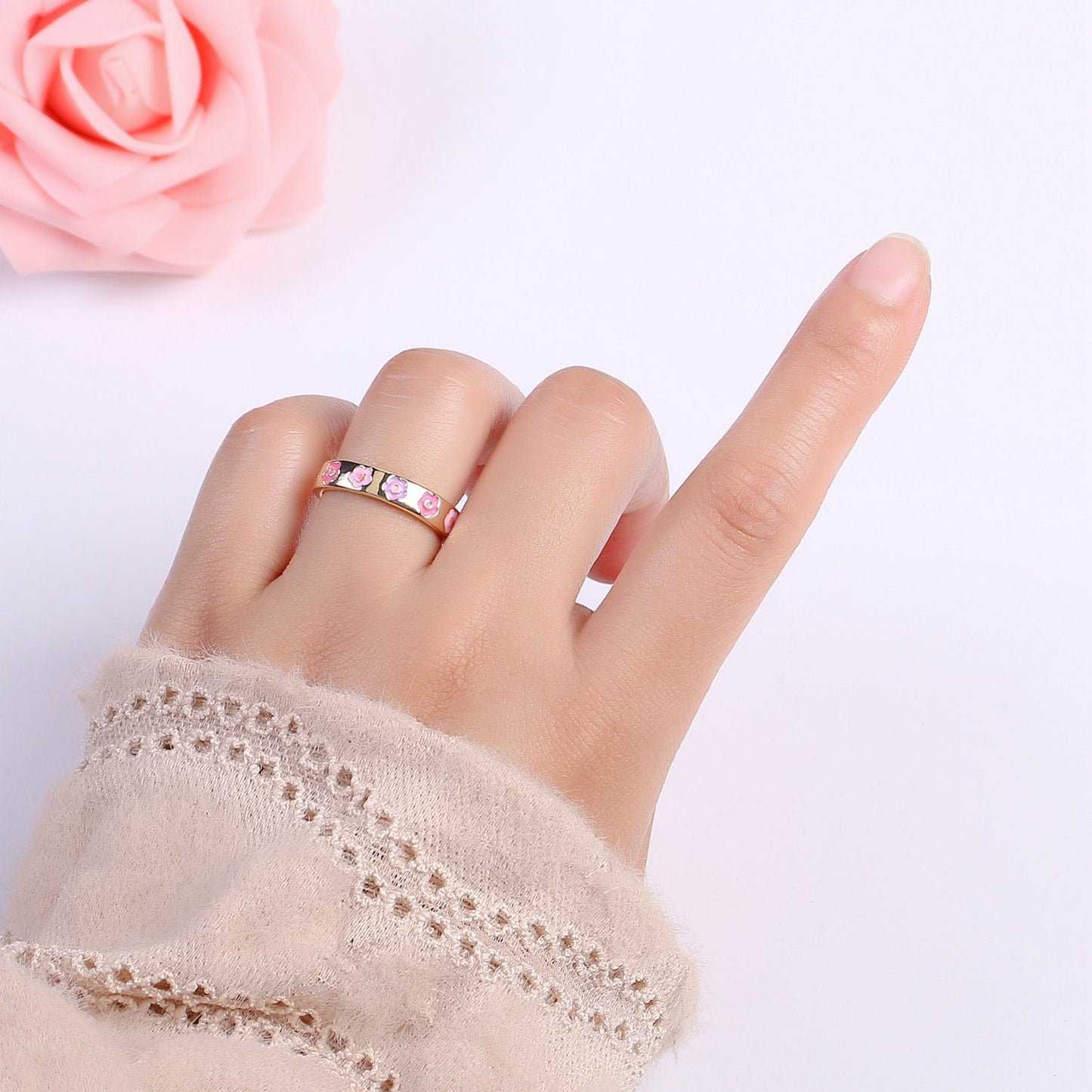 1pc Dainty Flower 18k Gold Plated Ring, Enamel Daisy Adjustable Gold Ring, Simple Ring,Circle Ring- 374