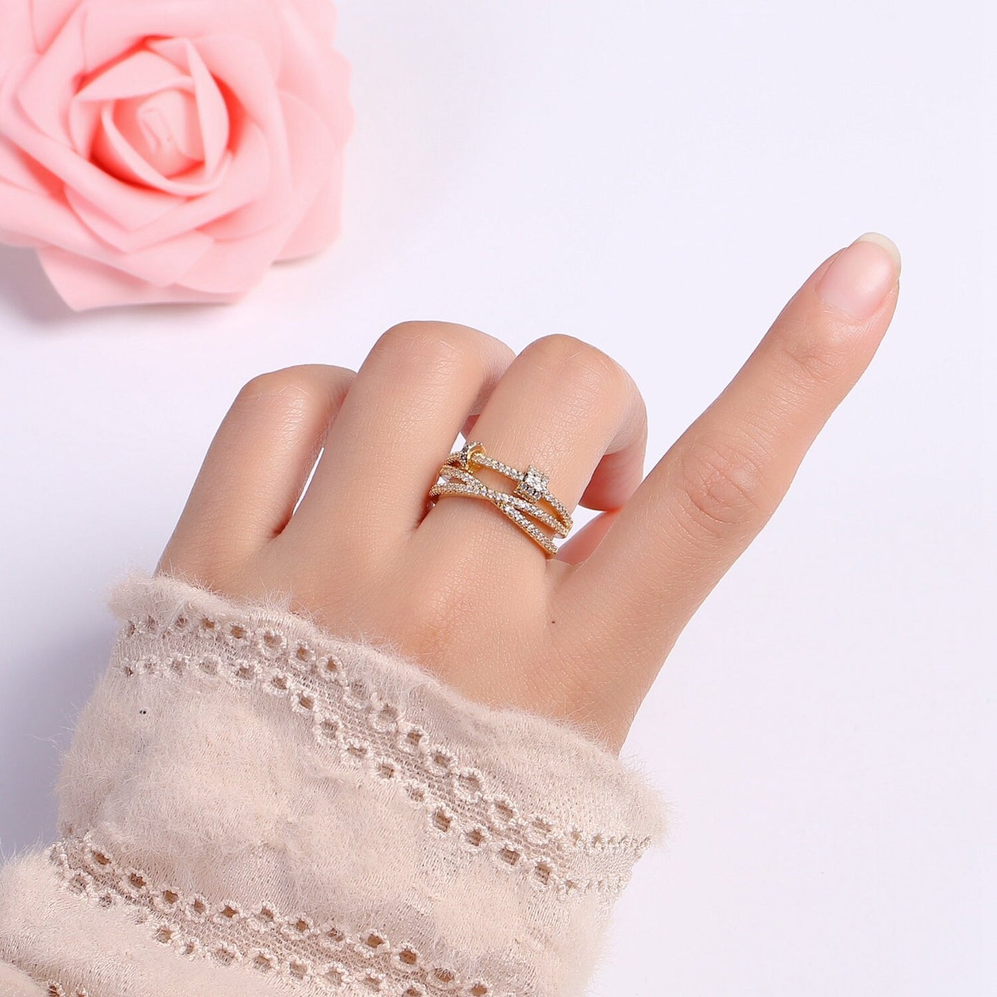 1pc Micro Pave CZ 24K Gold Plated Ring, Cubic Adjustable Gold Curb Ring, Simple Ring,Clear Cubic Zirconia Ring- 399