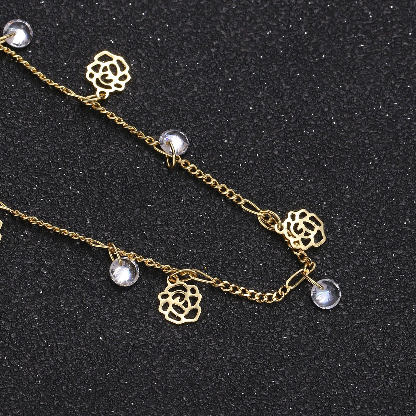 Rose Petal 24K Gold Cubic Chain by Yard, Polaris 4mm CZ Charm Specialty Link Chain , Rose 6mm in dia. Chain 0.7mm Thick,Roll-322