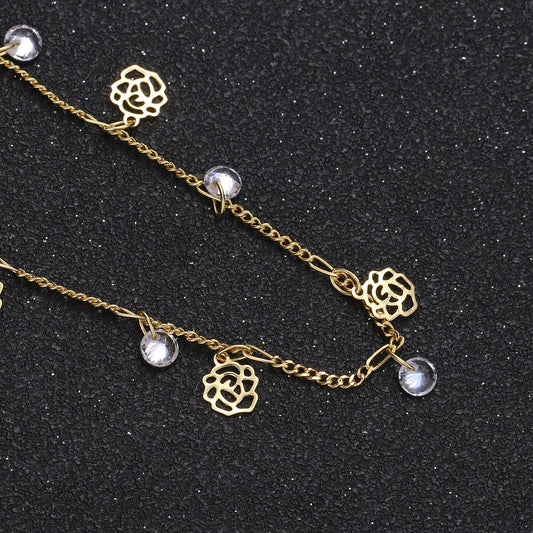 Rose Petal 24K Gold Cubic Chain by Yard, Polaris 4mm CZ Charm Specialty Link Chain , Rose 6mm in dia. Chain 0.7mm Thick,Roll-322