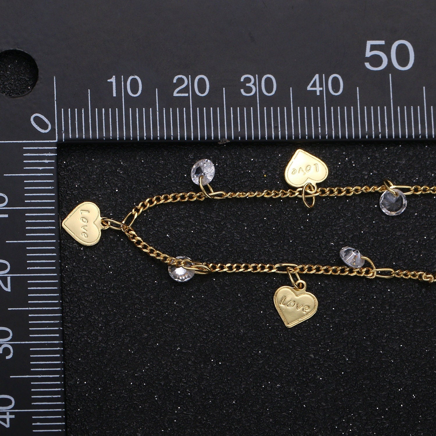 Love Charm 24K Gold Cubic Chain by Yard, Polaris 4mm CZ Charm Specialty Link Chain , Heart 7.6mm x6.3mm. Chain 0.7mm Thick,Roll-323
