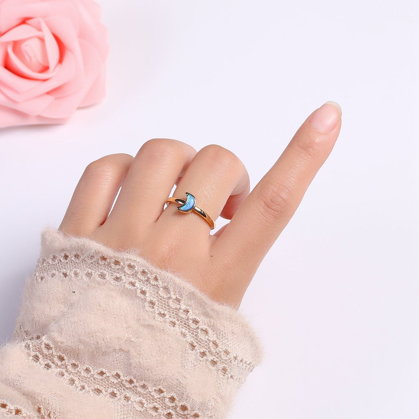 1pc 24K Gold Opal Simulated Ring,Cresent Moon Opal Lab Pendant Charm Ring, Solitaire White Opal Lab Celestial Design Band Jewelry R-403