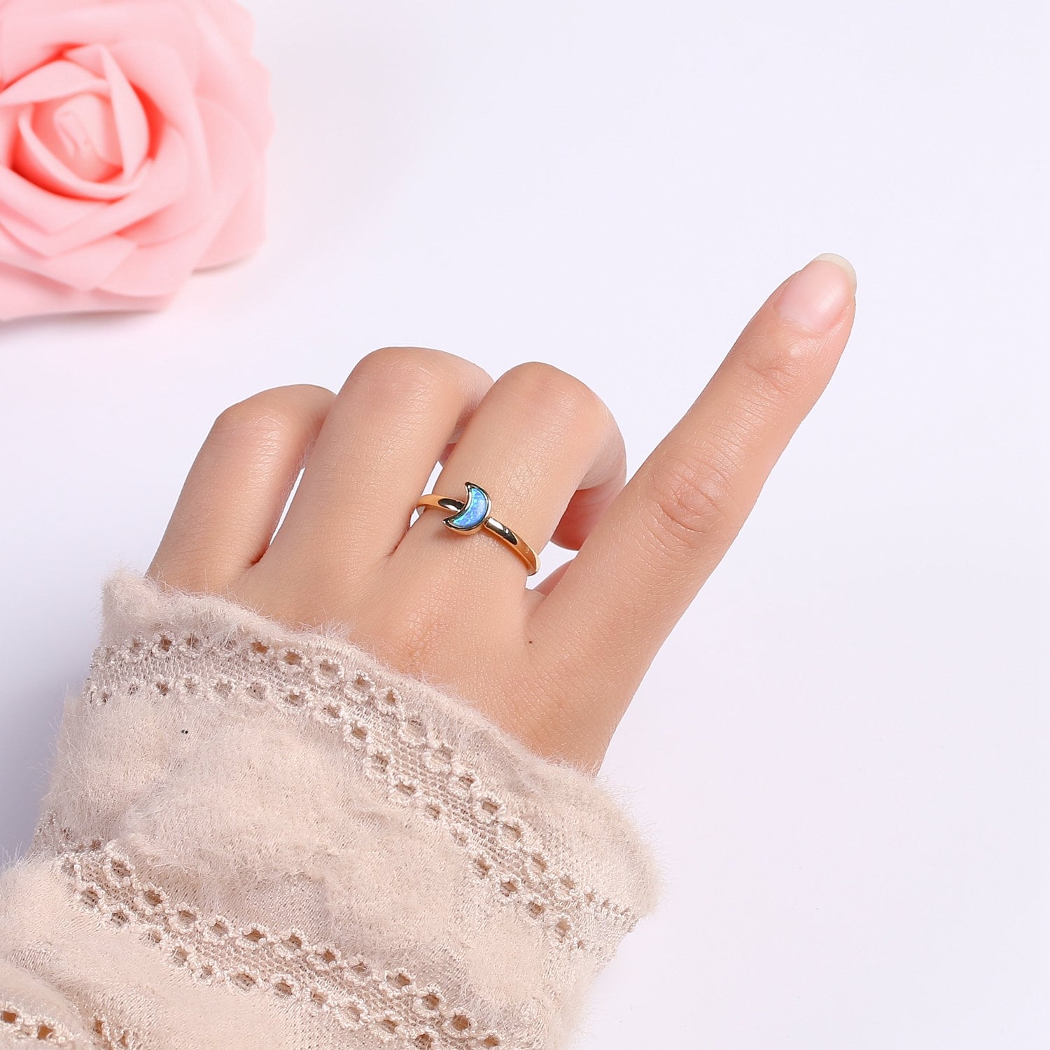 1pc 24K Gold Opal Simulated Ring,Cresent Moon Opal Lab Pendant Charm Ring, Solitaire White Opal Lab Celestial Design Band Jewelry R-403
