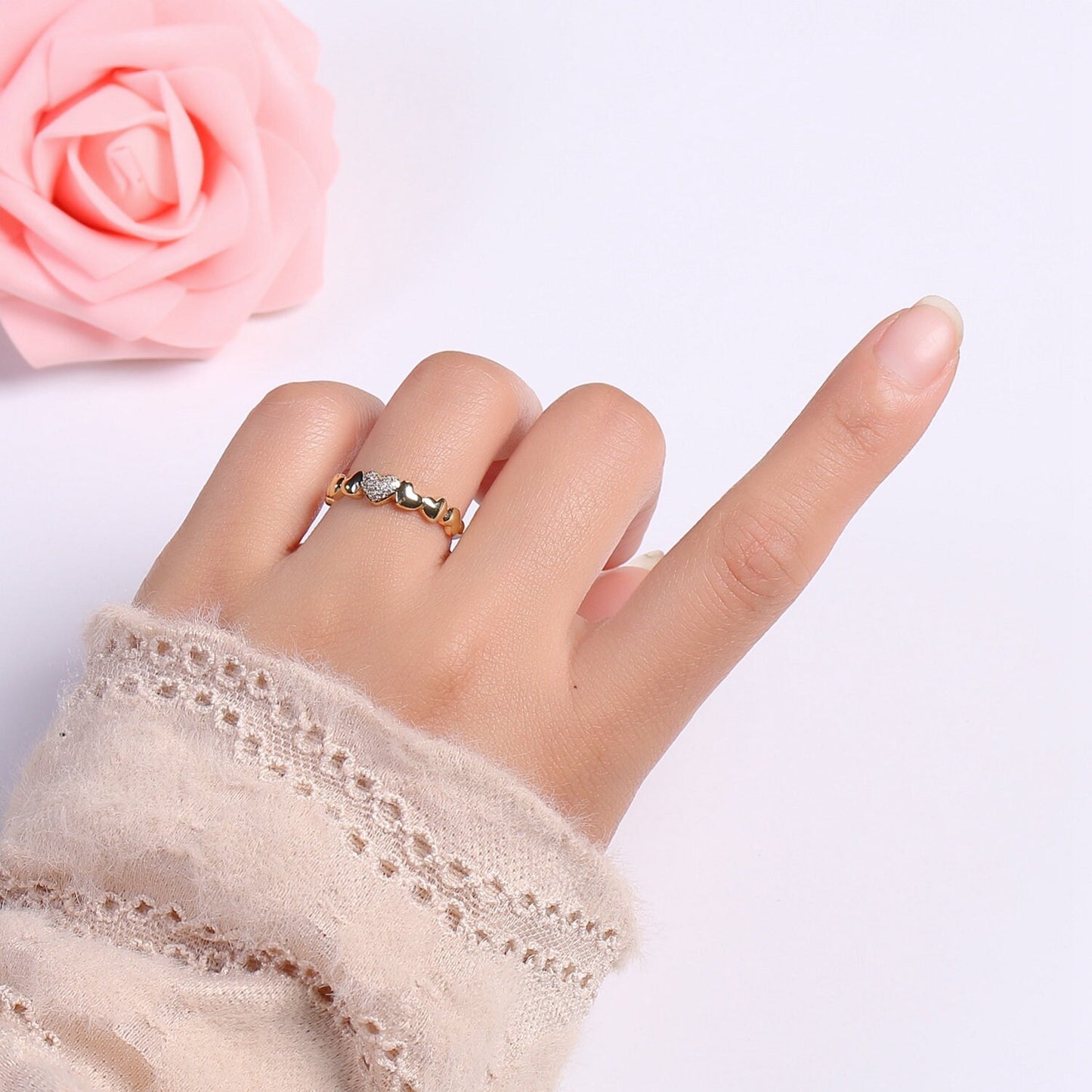 1pc Hearts 14K Gold Ring, Adjustable Gold Curb Ring, Simple CZ Love Ring, Tender Care Cubic Ring. 390