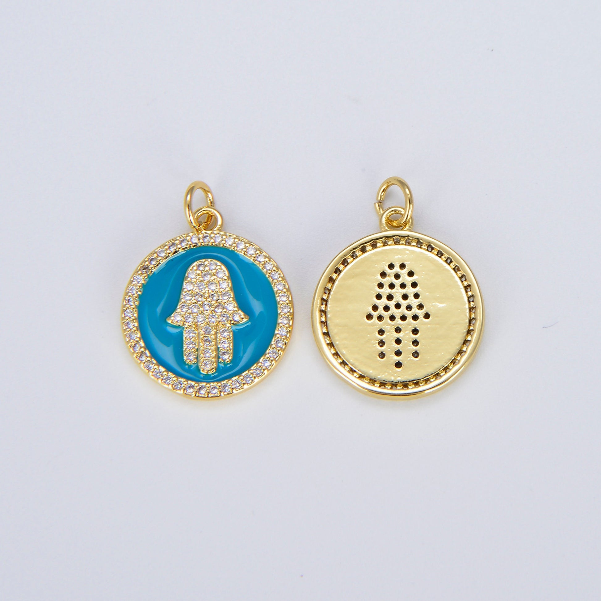 Dainty Gold Hamsa Hand charm, 14K Gold Coin Charm Hand of Fatima Charm Bracelet Necklace Earring Component Colorful Enamel Pendant E306
