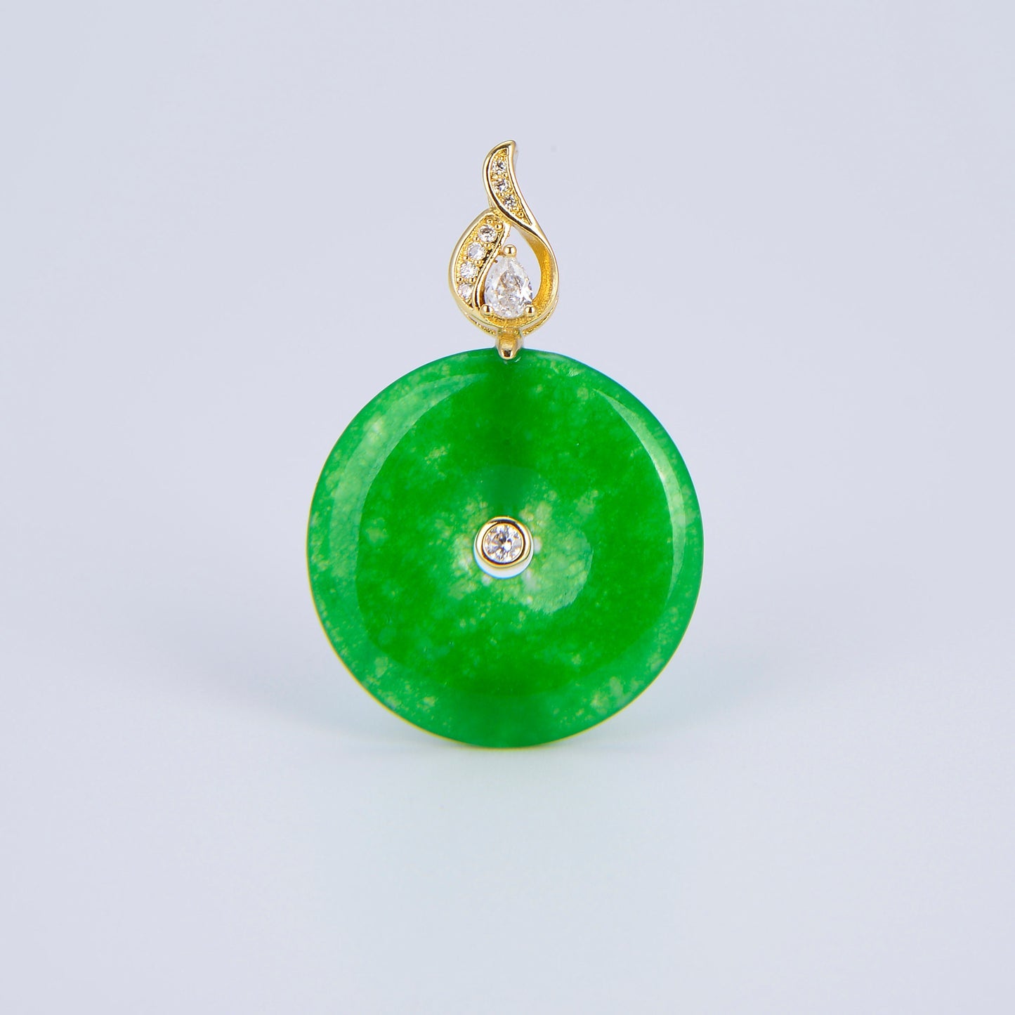 Stunning Chinese Green Donut Charm Green Jade Pendant Lucky Stone with Gold Eternity Swirl Bail for Necklace Supply