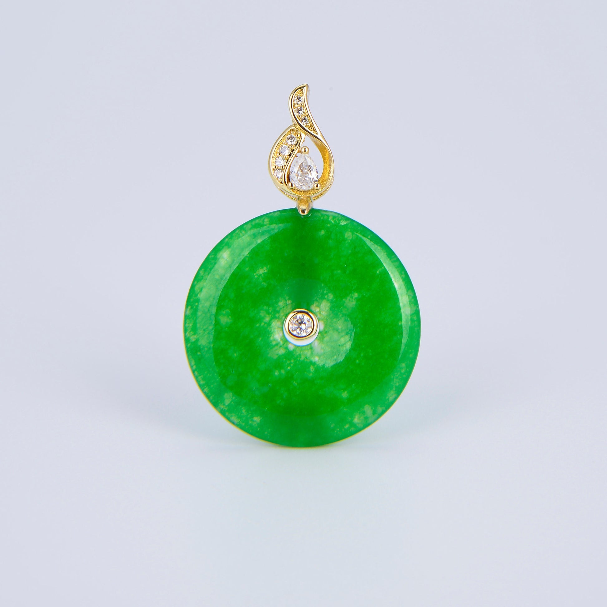 Stunning Chinese Green Donut Charm Green Jade Pendant Lucky Stone with Gold Eternity Swirl Bail for Necklace Supply