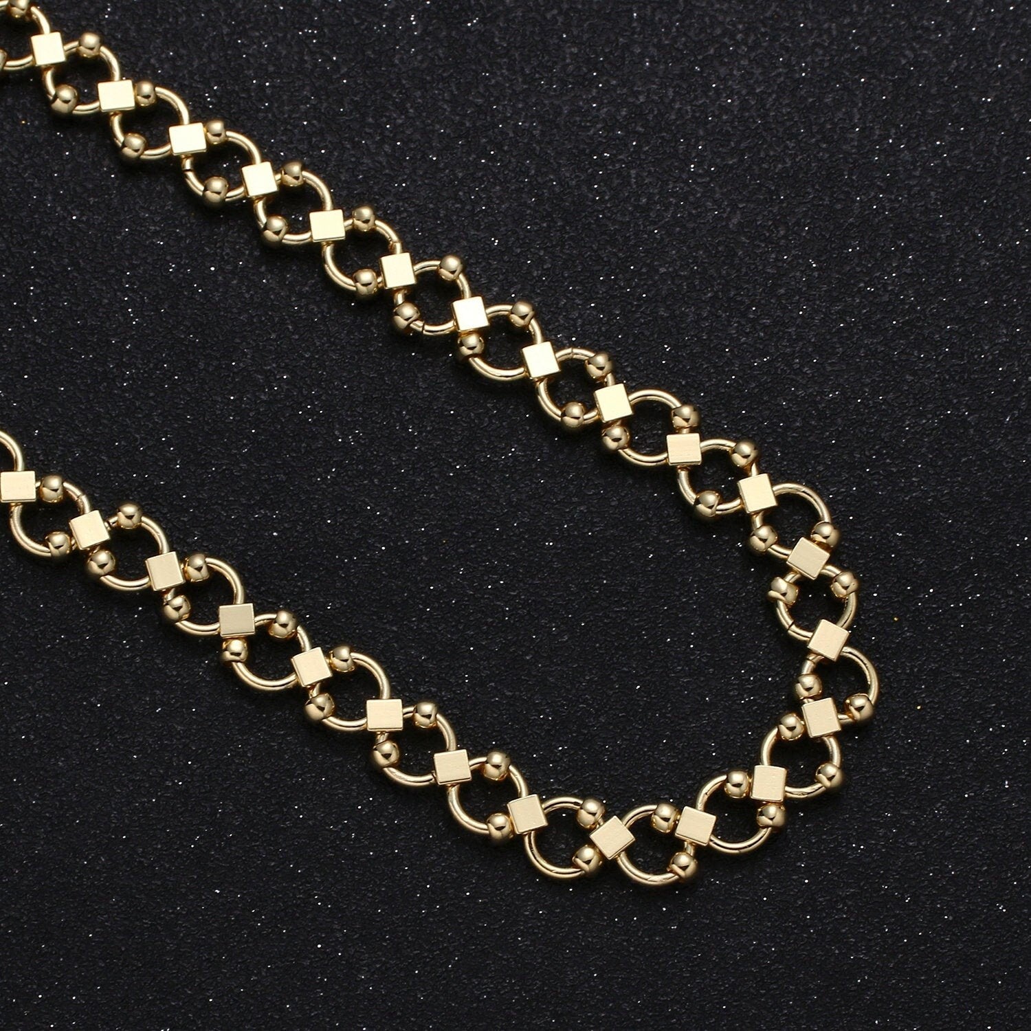 14K Gold Circle w/ moving Balls Chain by Yard, double sided Chain, Wholesale bulk Roll Chain for Jewelry Making Roll-487