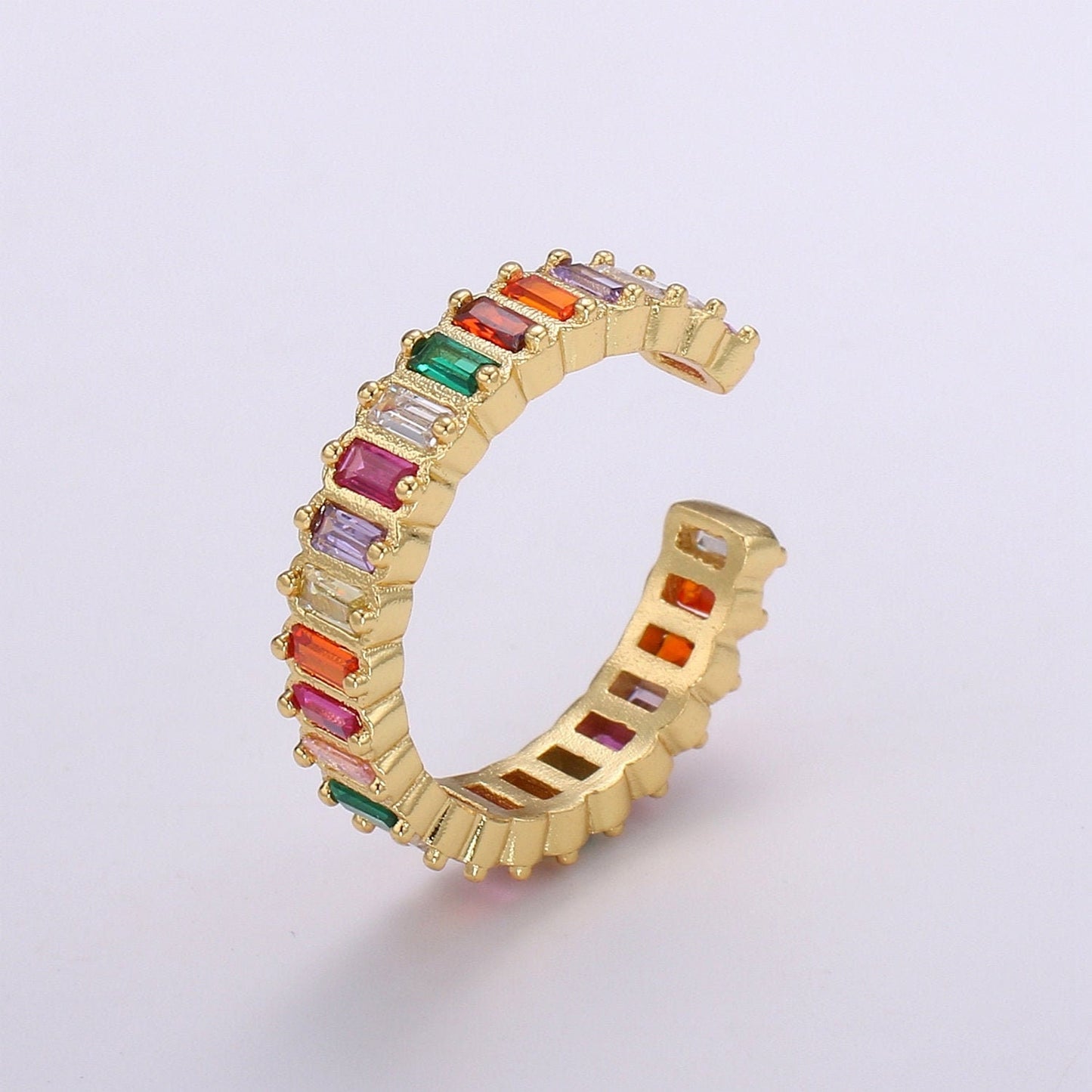 Chunky Rainbow CZ 24k Gold Ring, Adjustable Gold Cubic Open Ring, Baguette Ring, Statement ring Zirconia Ring for DIY Jewelry RING-314