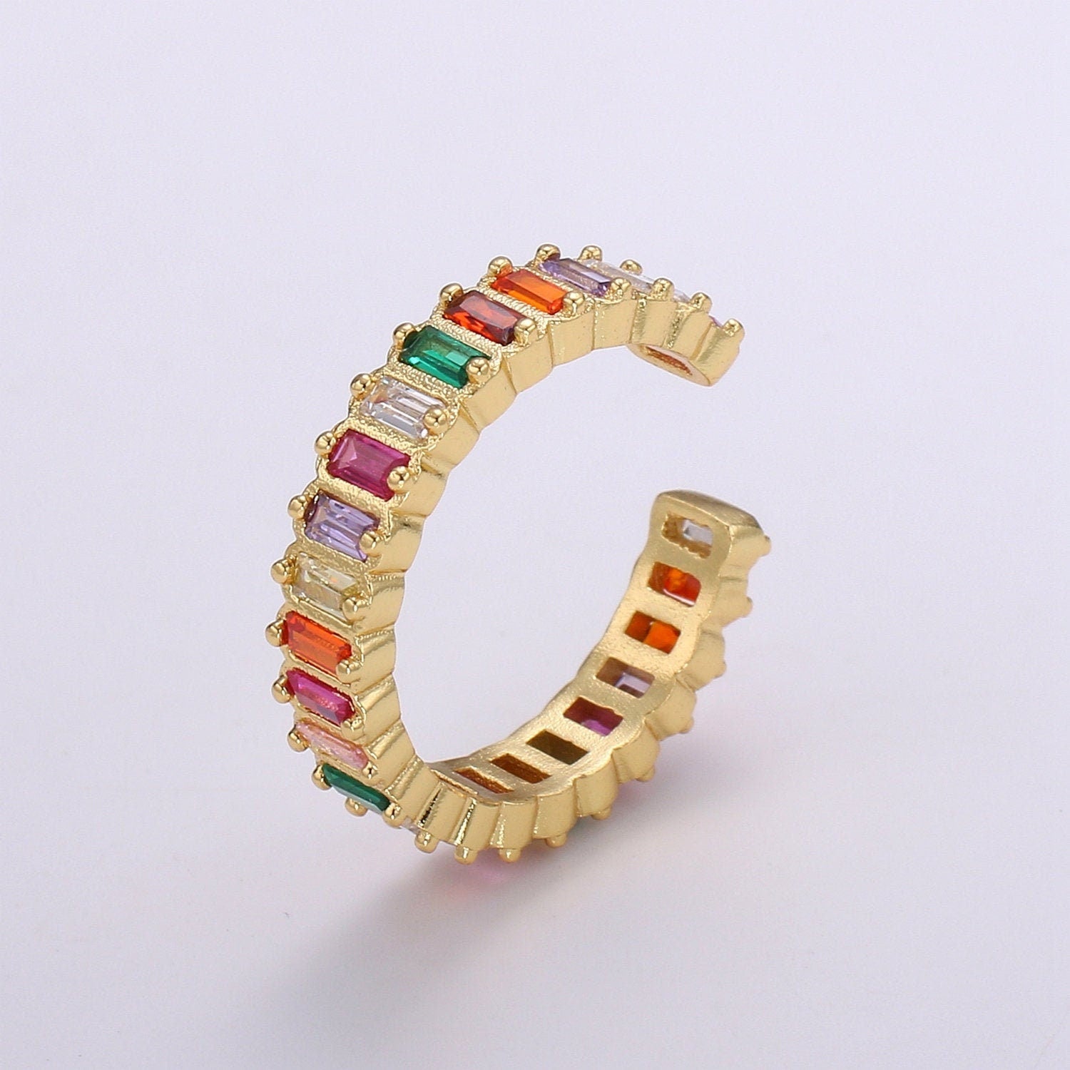 Chunky Rainbow CZ 24k Gold Ring, Adjustable Gold Cubic Open Ring, Baguette Ring, Statement ring Zirconia Ring for DIY Jewelry RING-314