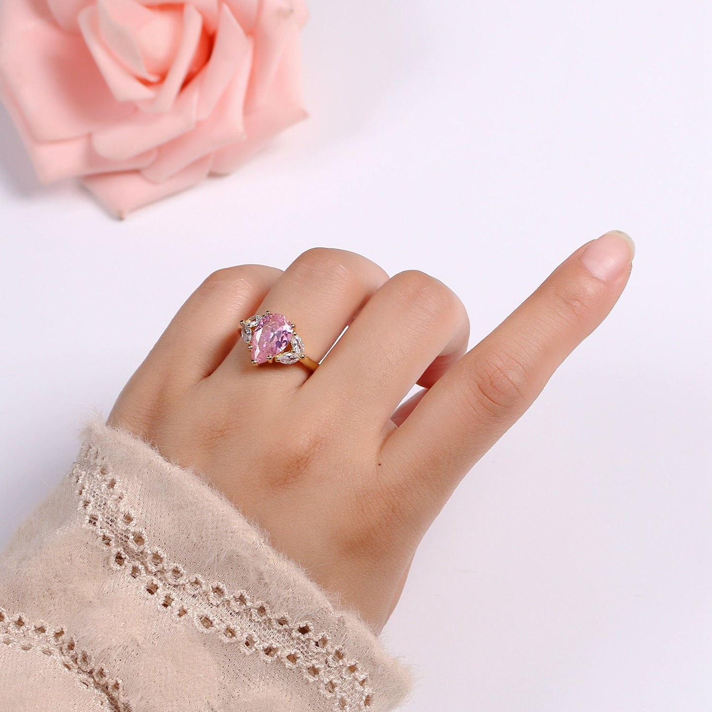 Vintage Teardrop Pink Ring- Adjustable Gold Ring- Engagement Ring- Promise Ring- Pink CZ Ring- Anniversary Birthday Gift For Her 0320