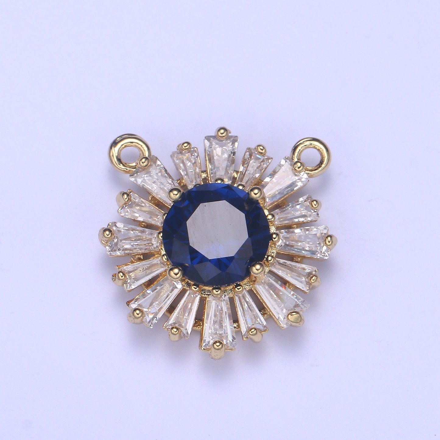 Sunburst Gold Pave Circle Necklace Charm Connector Baguette Stone Bracelet Charm, Two-Hole Round Charm, Pave Sun burst, CZ Charms