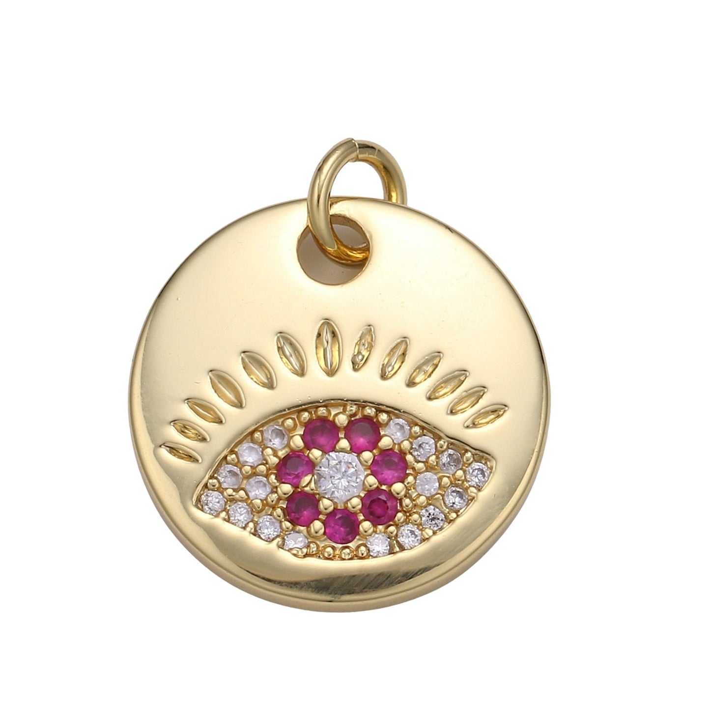 1Pc 24K Gold Evil Eye Round Circle Charm Medallion Coin Round ,Blue, Red, Green, Teal CZ Eye of Ra Charm for Necklace,chgf 2018-2021
