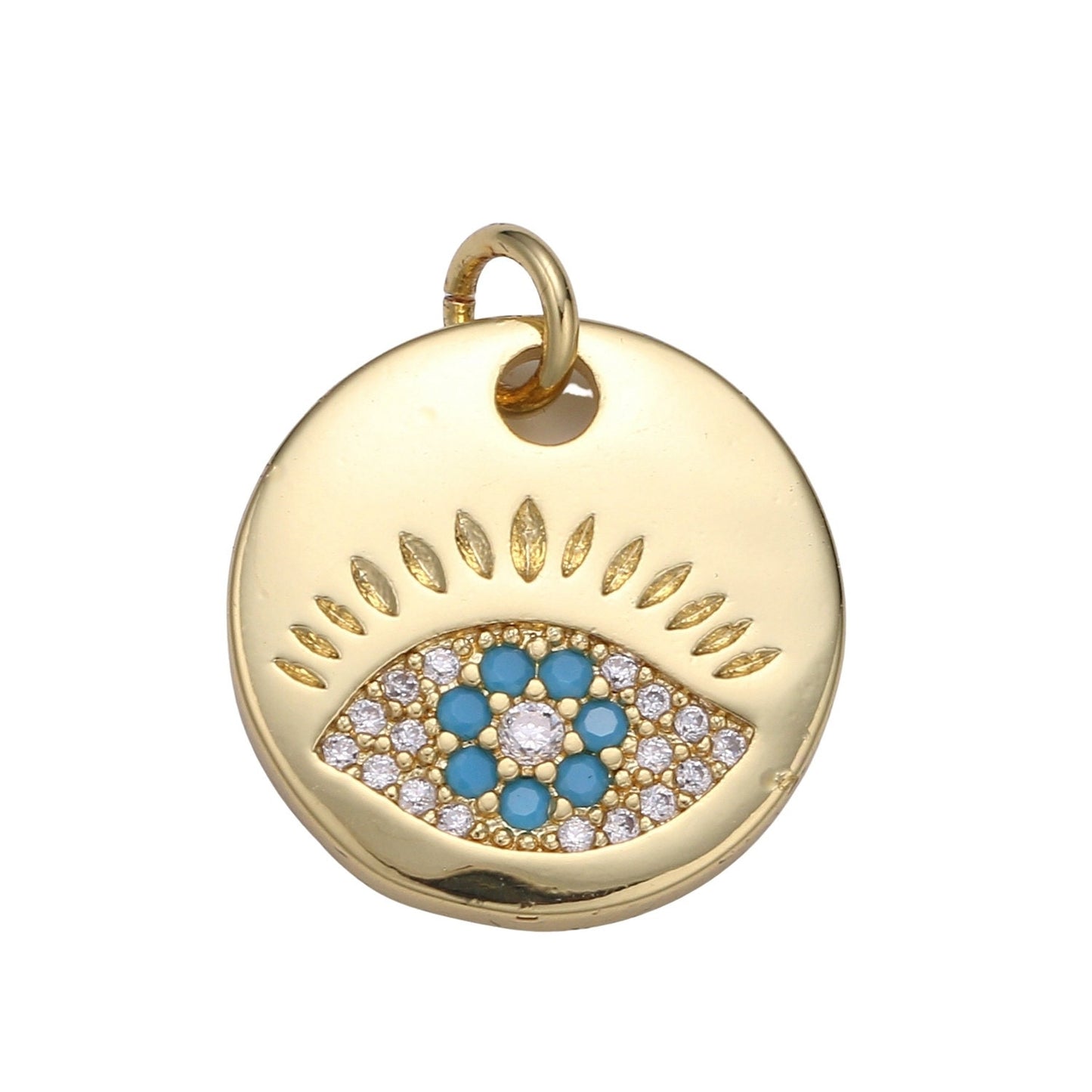 1Pc 24K Gold Evil Eye Round Circle Charm Medallion Coin Round ,Blue, Red, Green, Teal CZ Eye of Ra Charm for Necklace,chgf 2018-2021