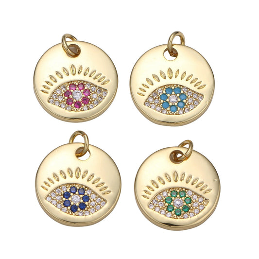 1Pc 24K Gold Evil Eye Round Circle Charm Medallion Coin Round ,Blue, Red, Green, Teal CZ Eye of Ra Charm for Necklace,chgf 2018-2021