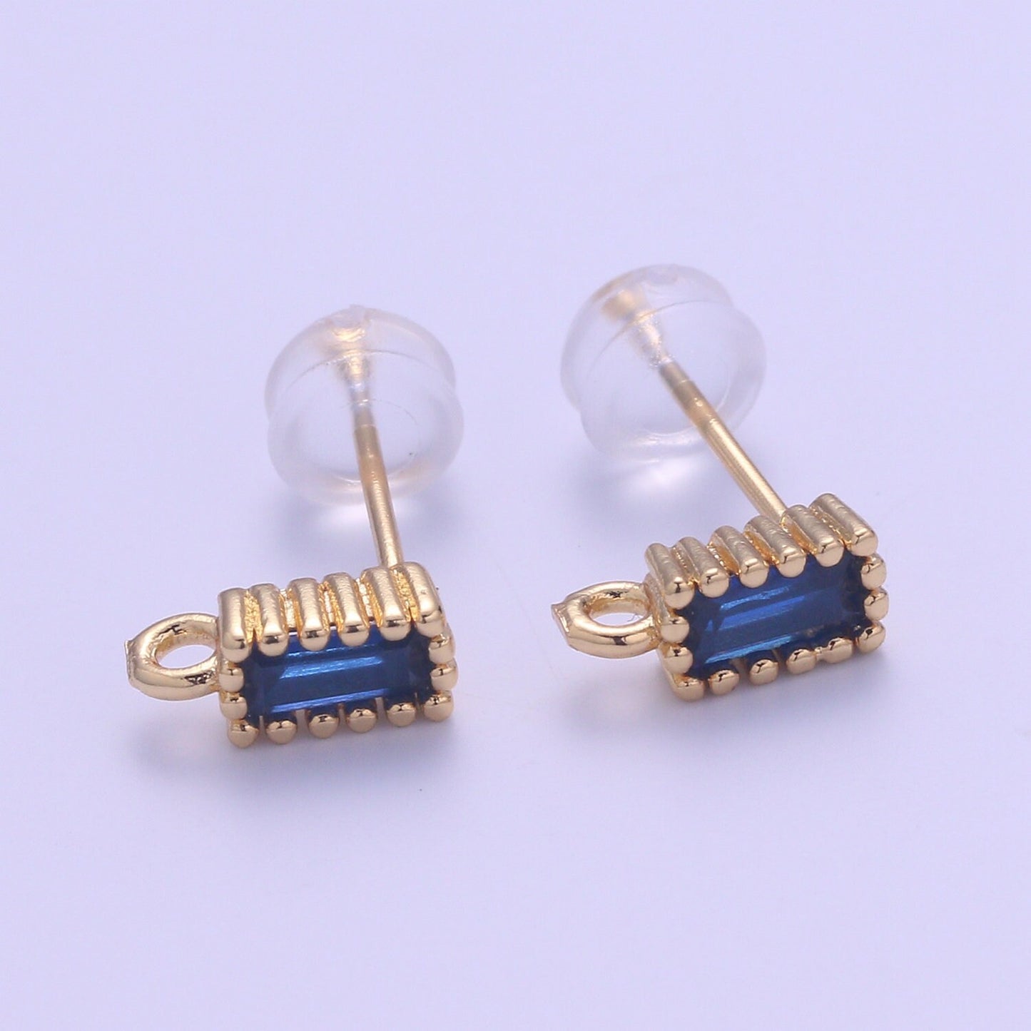 1 pair Rectangle Cubic Earring Post w/ open link Gold plated brass, Nickel free, Cubic zirconia, Charm Dangling earring supplies L278