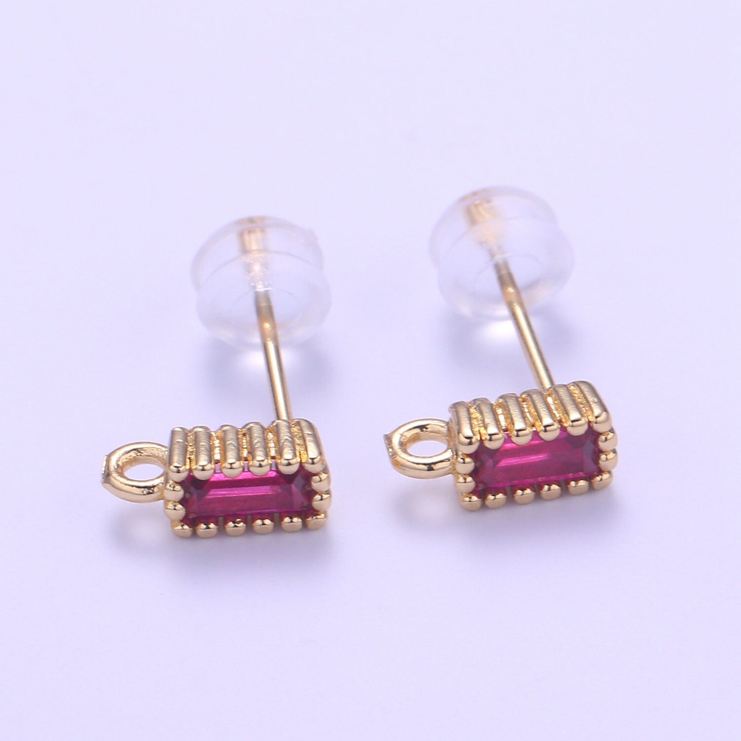 1 pair Rectangle Cubic Earring Post w/ open link Gold plated brass, Nickel free, Cubic zirconia, Charm Dangling earring supplies L278