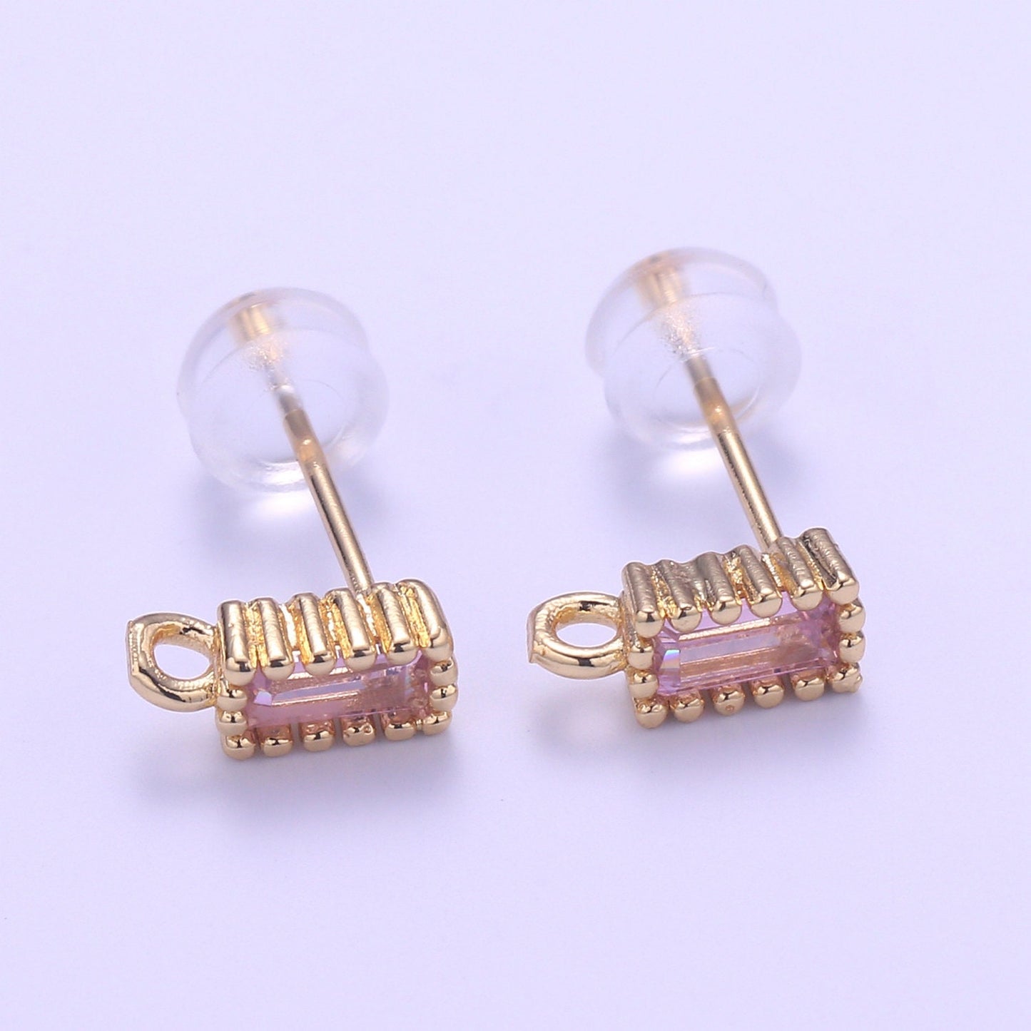 1 pair Rectangle Cubic Earring Post w/ open link Gold plated brass, Nickel free, Cubic zirconia, Charm Dangling earring supplies L278