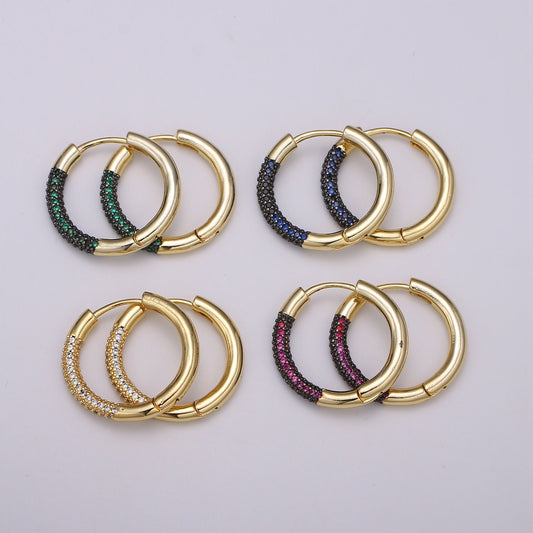 1 Pair CZ Pave Lightweight Hoop Earrings - Round Light Hoop Earrings Medium Gold Hoops - Simple Everyday Earrings 4 Diff Color Ear 1378-1381