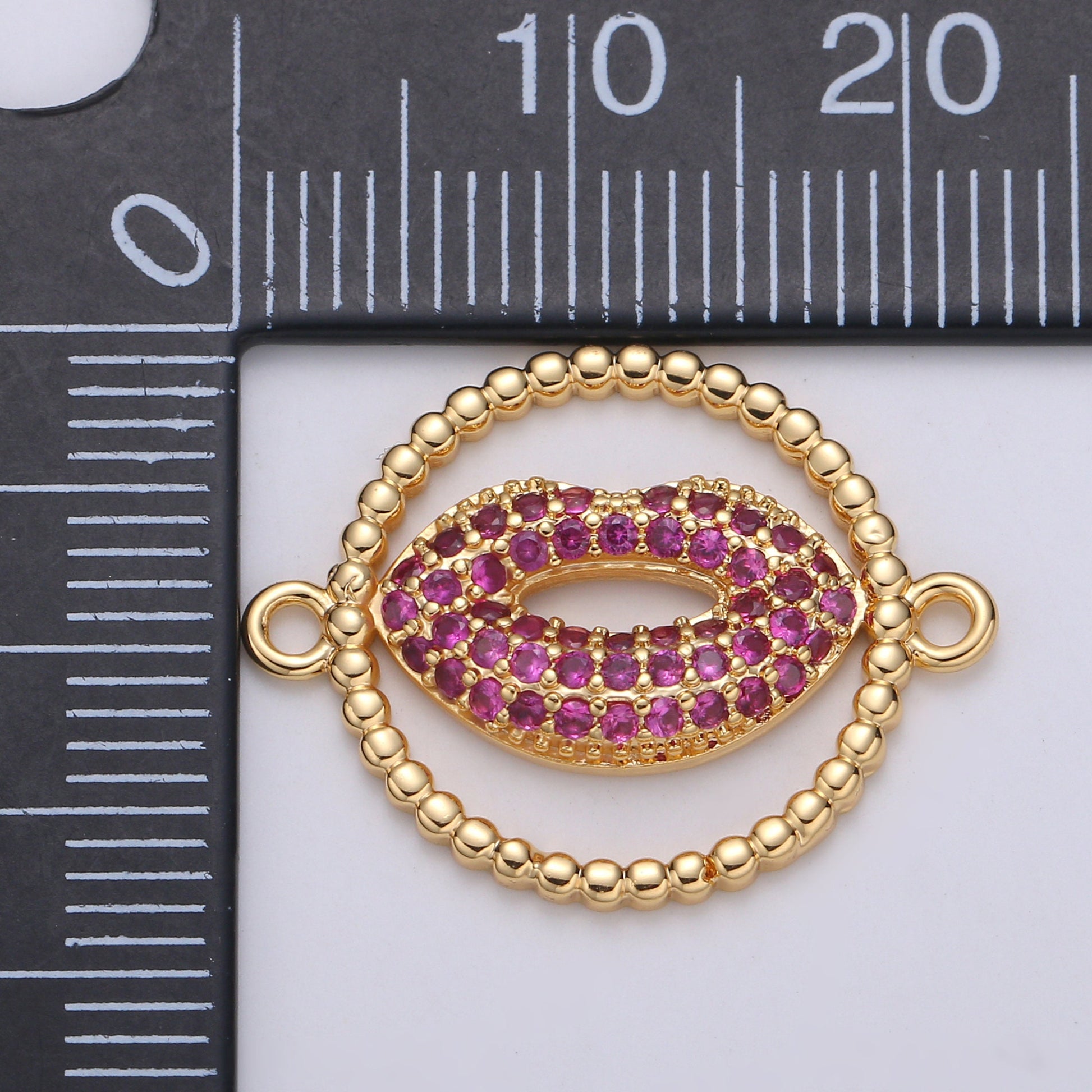 1pc Gold Red Lips Kiss Micro Pave Connector Charm, Contour Lip Cubic Zirconia Pendant Charm, For DIY Jewelry, Gold Color, cogf- 615