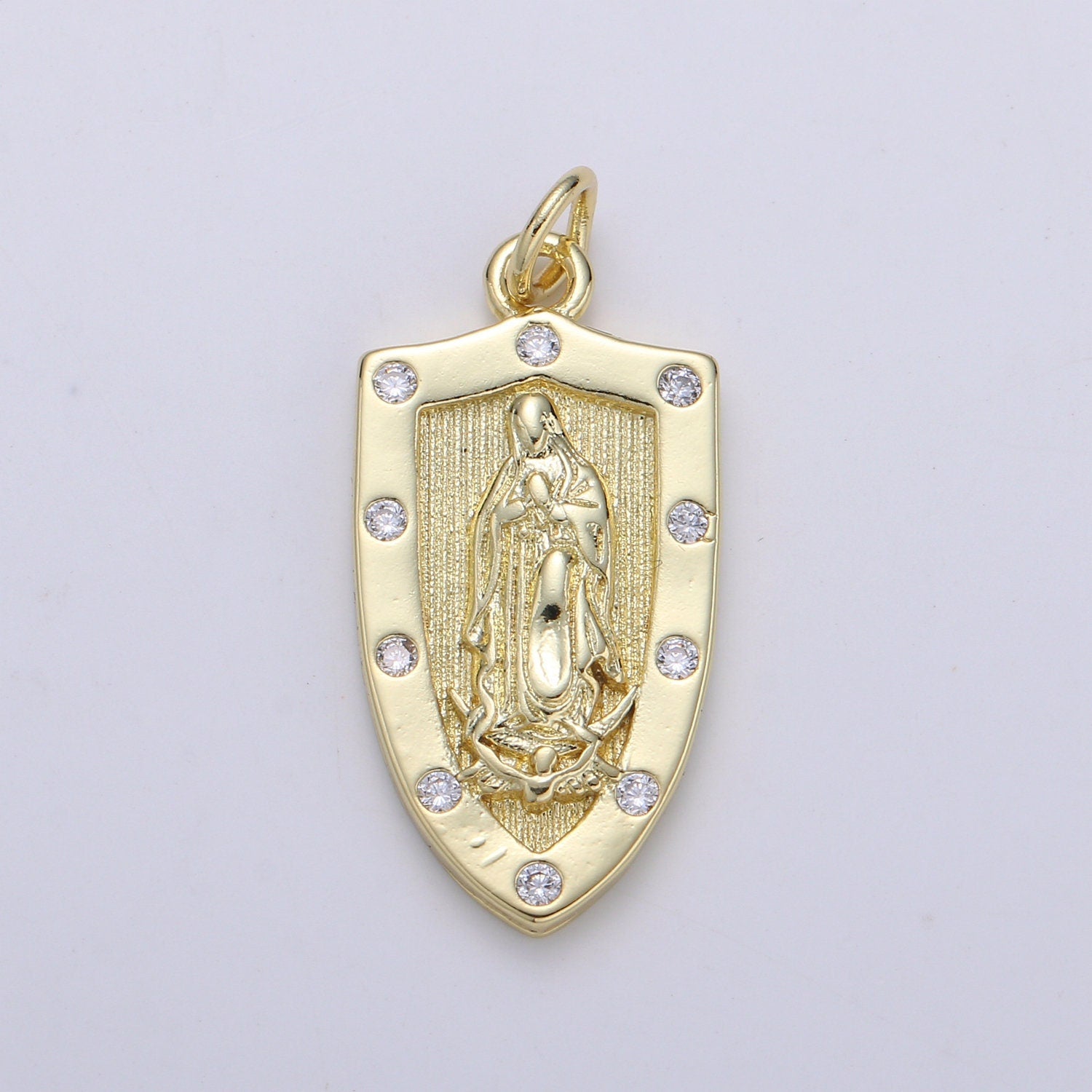 Gold Virgin Mary Medieval Shield, Decorative Edge,Protection Medallion Pendant Religious Jewelry Charm Pendant for Necklace,chgf-2075