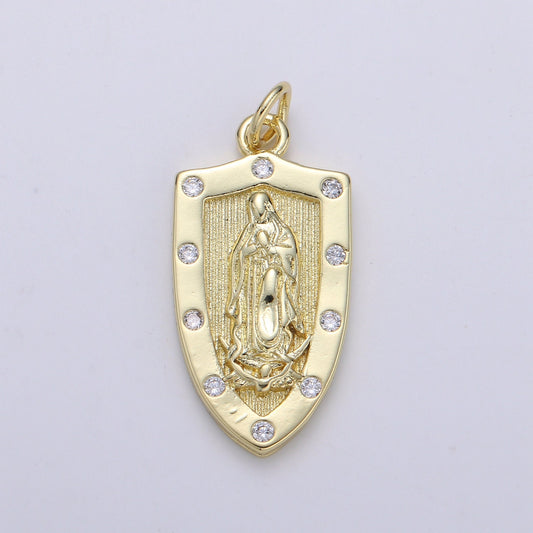 Gold Virgin Mary Medieval Shield, Decorative Edge,Protection Medallion Pendant Religious Jewelry Charm Pendant for Necklace,chgf-2075