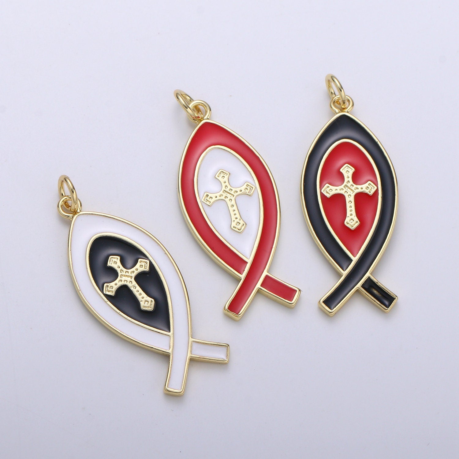 1 Pc Ichthus Cross Religious Fish Charm, Enamel Gold Charm, Earrings Bracelet Necklace Charm Gold Jewelry chgf 2071-2073