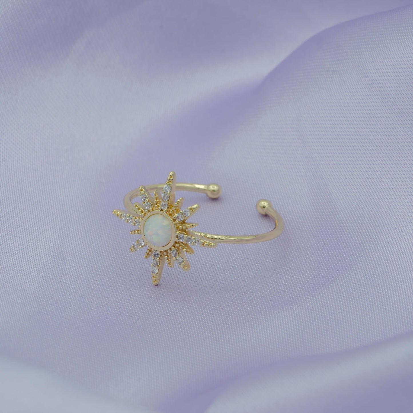 Adjustable Gold Opal North Star/Star Burst Ring with CZ Stone Minimalist Jewelry Stacking Ring Pinky Ring R200
