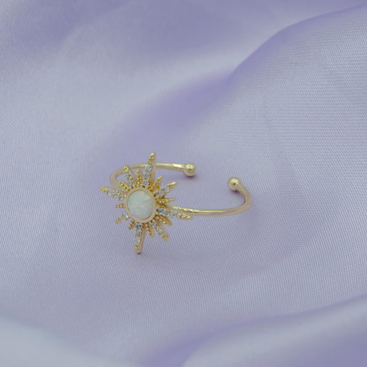 Adjustable Gold Opal North Star/Star Burst Ring with CZ Stone Minimalist Jewelry Stacking Ring Pinky Ring R200