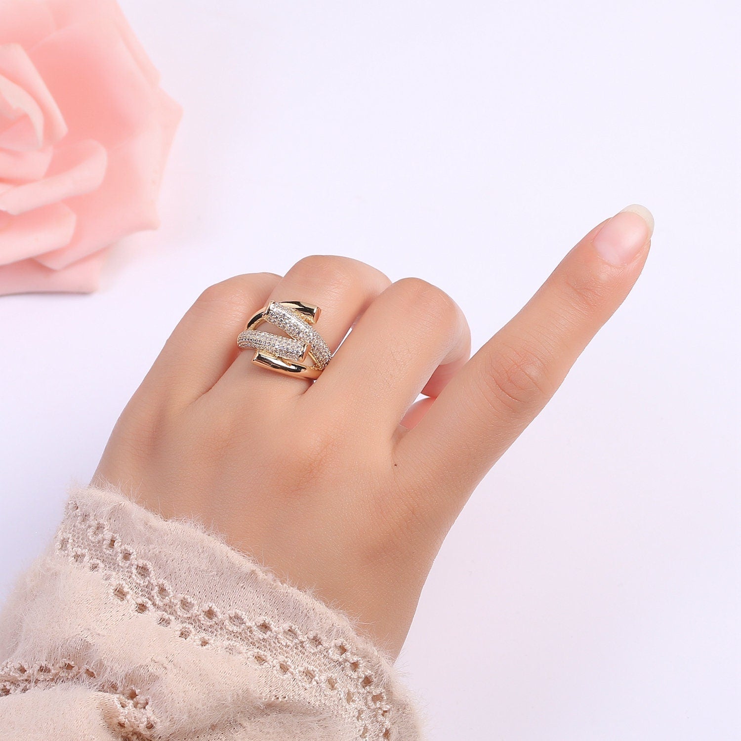 Chunky Unique Ring Cz Gold Thick Ring | Stackable Statement Ring | Unique Bold Ring For Women