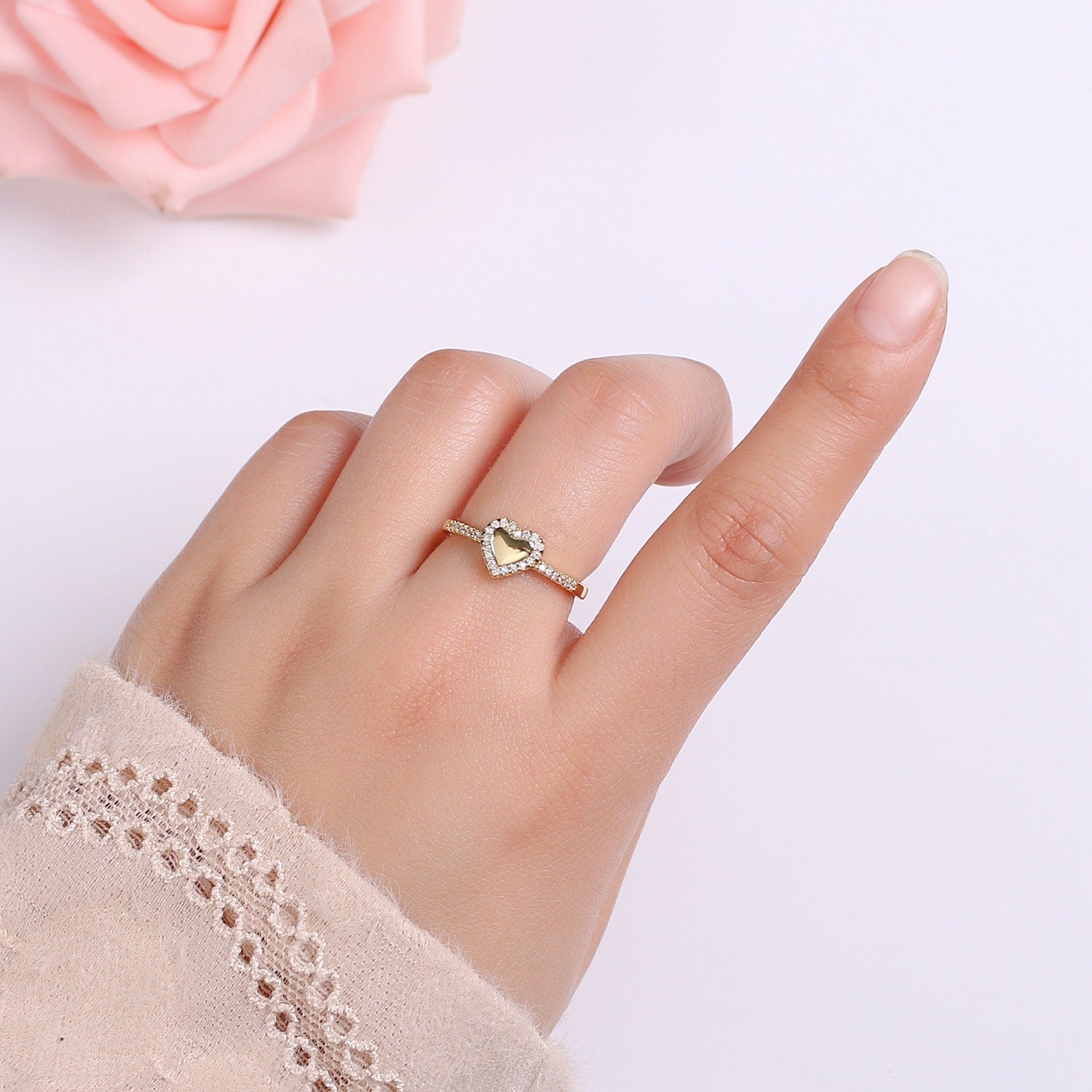1pc Clear CZ Love Gold Ring, Heart Cubic Adjustable Gold Curb Ring, Simple Ring,Clear Cubic Zirconia Ring- 286