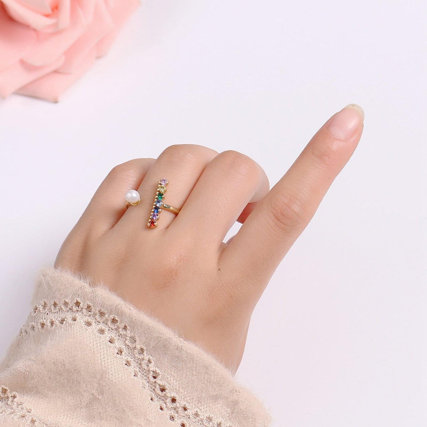 Dainty Micro Pave ring Open Adjustable Ring band Stacking ring Rainbow Gold ring Colorful Bridesmaid ring Pearl Wedding jewelry O-294