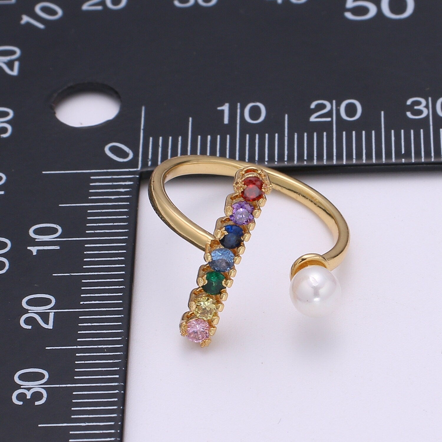 Dainty Micro Pave ring Open Adjustable Ring band Stacking ring Rainbow Gold ring Colorful Bridesmaid ring Pearl Wedding jewelry O-294