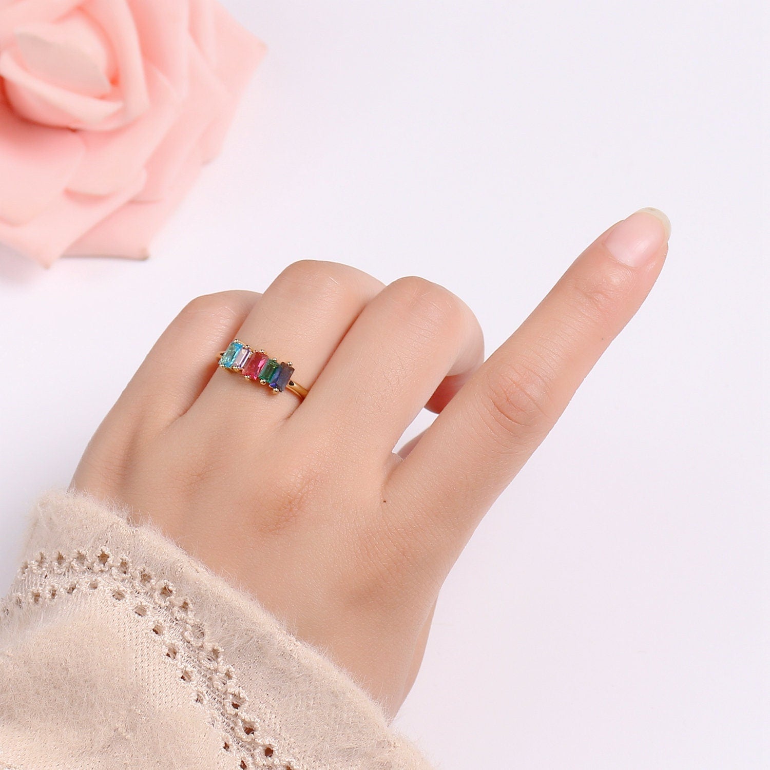 Dainty Baguette Ring, Rainbow Gold Baguette Ring, Colorful Baguette Ring, Open Adjustable Ring, EVeryday Wear Women Ring O-293