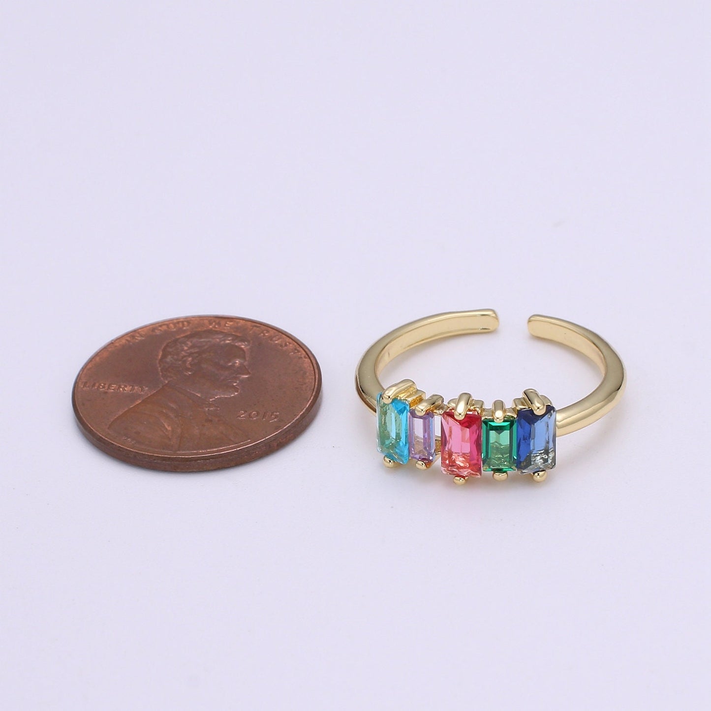 Dainty Baguette Ring, Rainbow Gold Baguette Ring, Colorful Baguette Ring, Open Adjustable Ring, EVeryday Wear Women Ring O-293