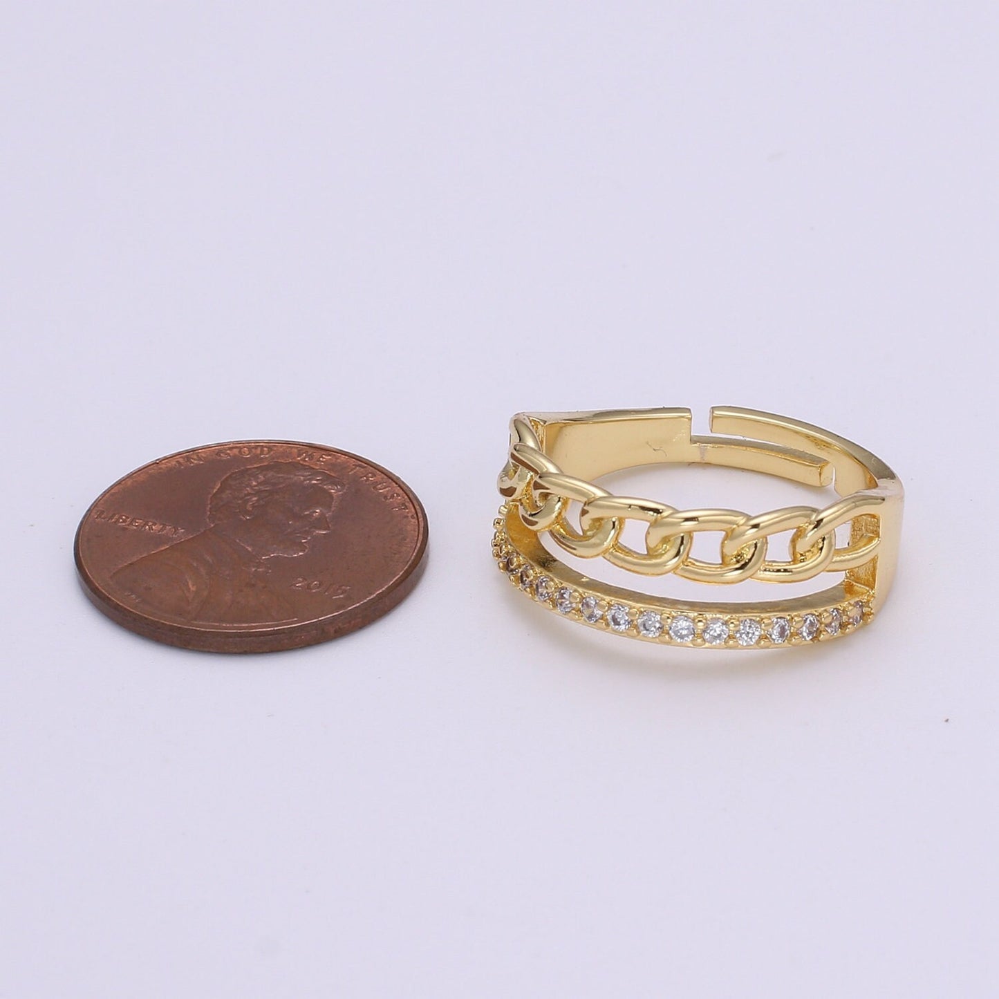 Gold Ring, Adjustable Gold Curb Ring, Micro Pave Gold Band Ring, Shiny Double Band Ring for Statement Jewelry O-286