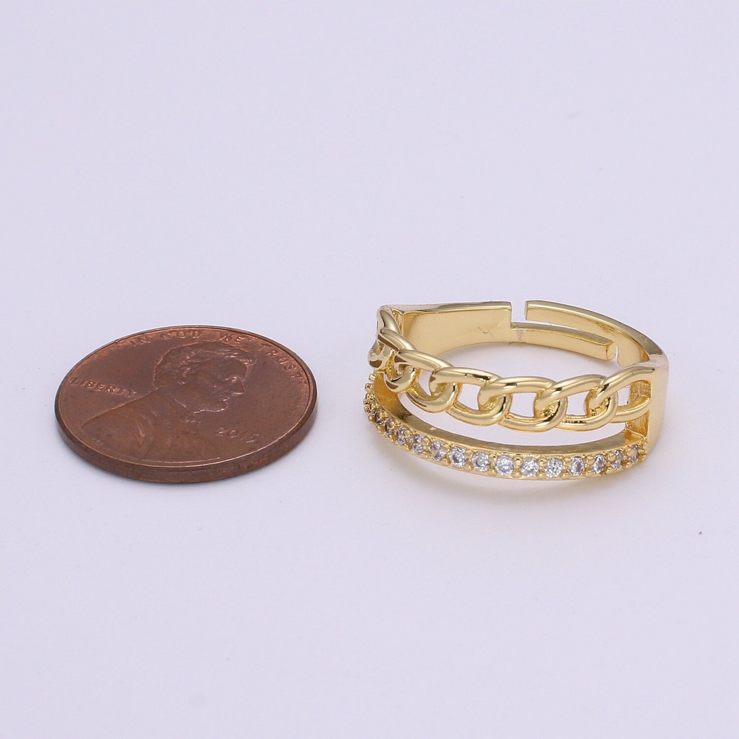 Gold Ring, Adjustable Gold Curb Ring, Micro Pave Gold Band Ring, Shiny Double Band Ring for Statement Jewelry O-286