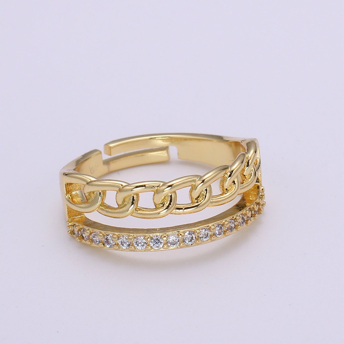 Gold Ring, Adjustable Gold Curb Ring, Micro Pave Gold Band Ring, Shiny Double Band Ring for Statement Jewelry O-286