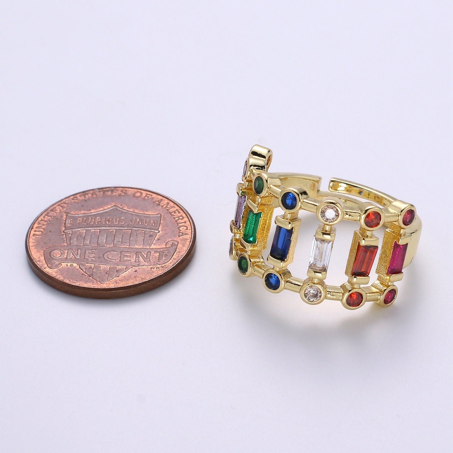 Chunky Baguette Ring, Rainbow Gold Baguette Ring, Colorful Baguette Ring, Multi Color Adjustable Ring, EVeryday Wear Women Ring O-296