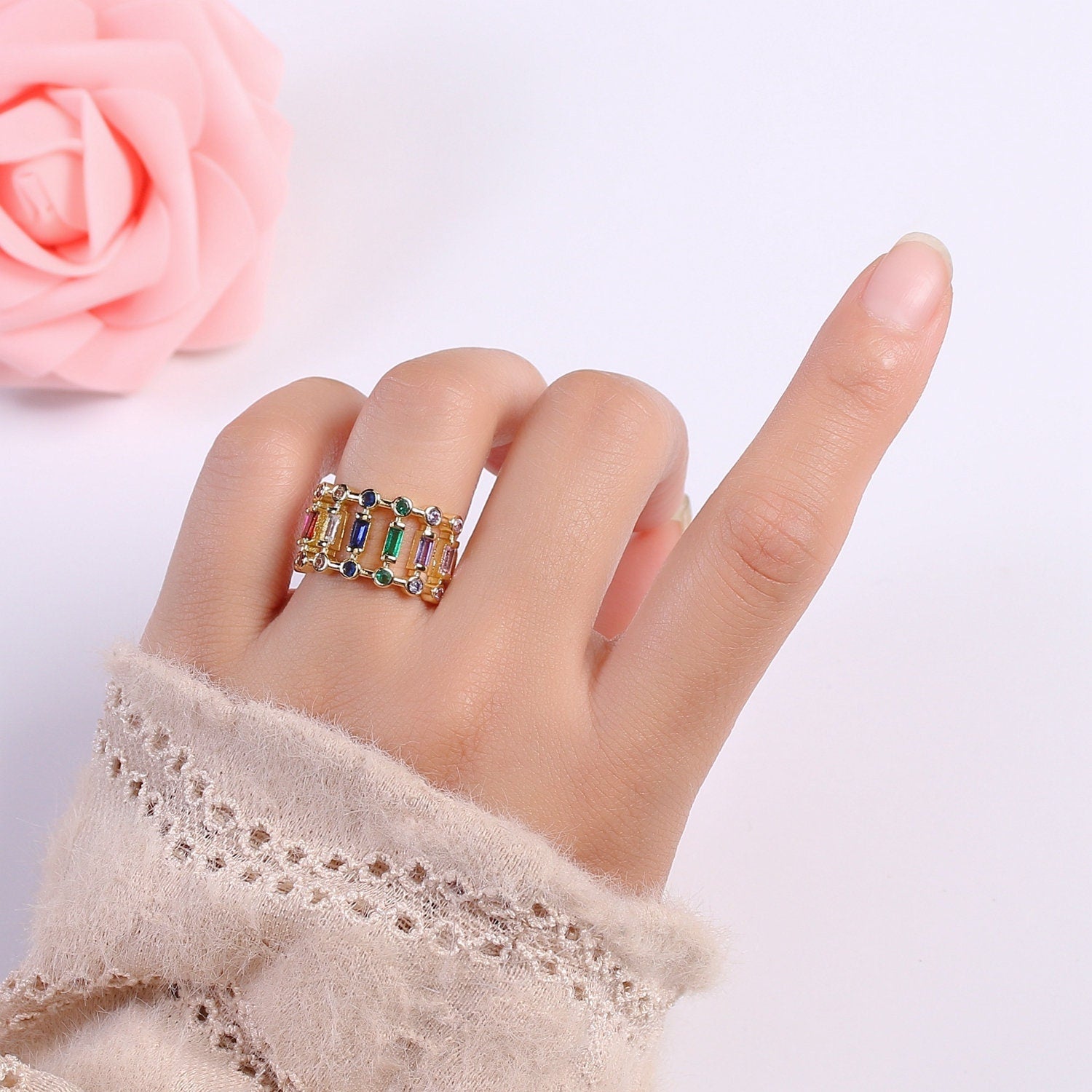 Chunky Baguette Ring, Rainbow Gold Baguette Ring, Colorful Baguette Ring, Multi Color Adjustable Ring, EVeryday Wear Women Ring O-296