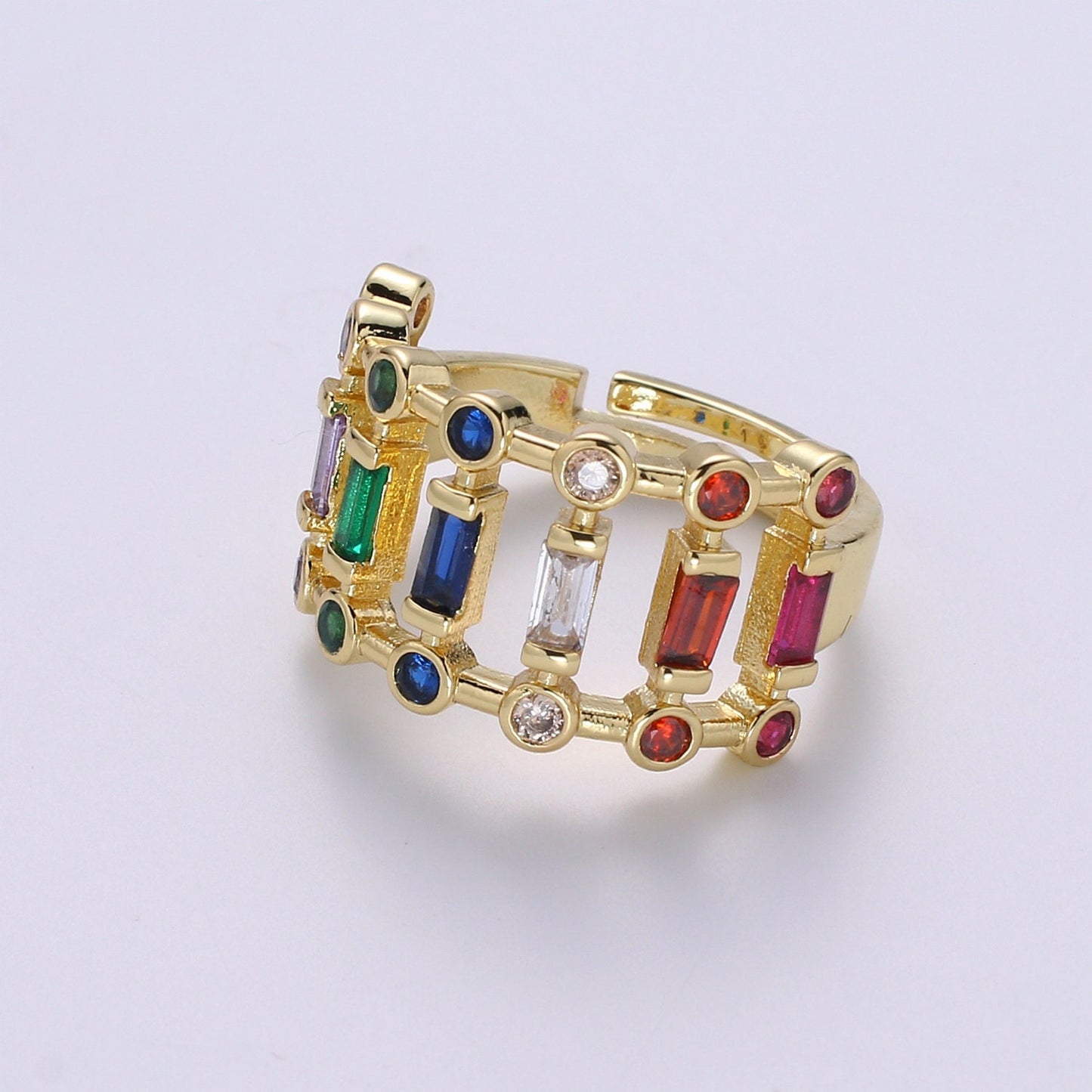 Chunky Baguette Ring, Rainbow Gold Baguette Ring, Colorful Baguette Ring, Multi Color Adjustable Ring, EVeryday Wear Women Ring O-296