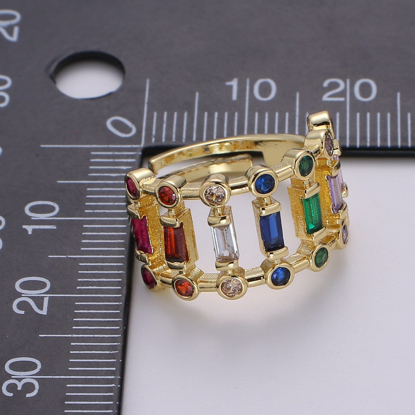 Chunky Baguette Ring, Rainbow Gold Baguette Ring, Colorful Baguette Ring, Multi Color Adjustable Ring, EVeryday Wear Women Ring O-296