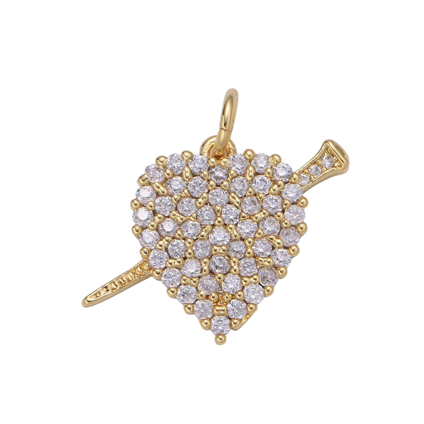 Small Gold Heart with Cupid's Arrow Micro Pave heart Charm for Bracelet Necklace Earring Component