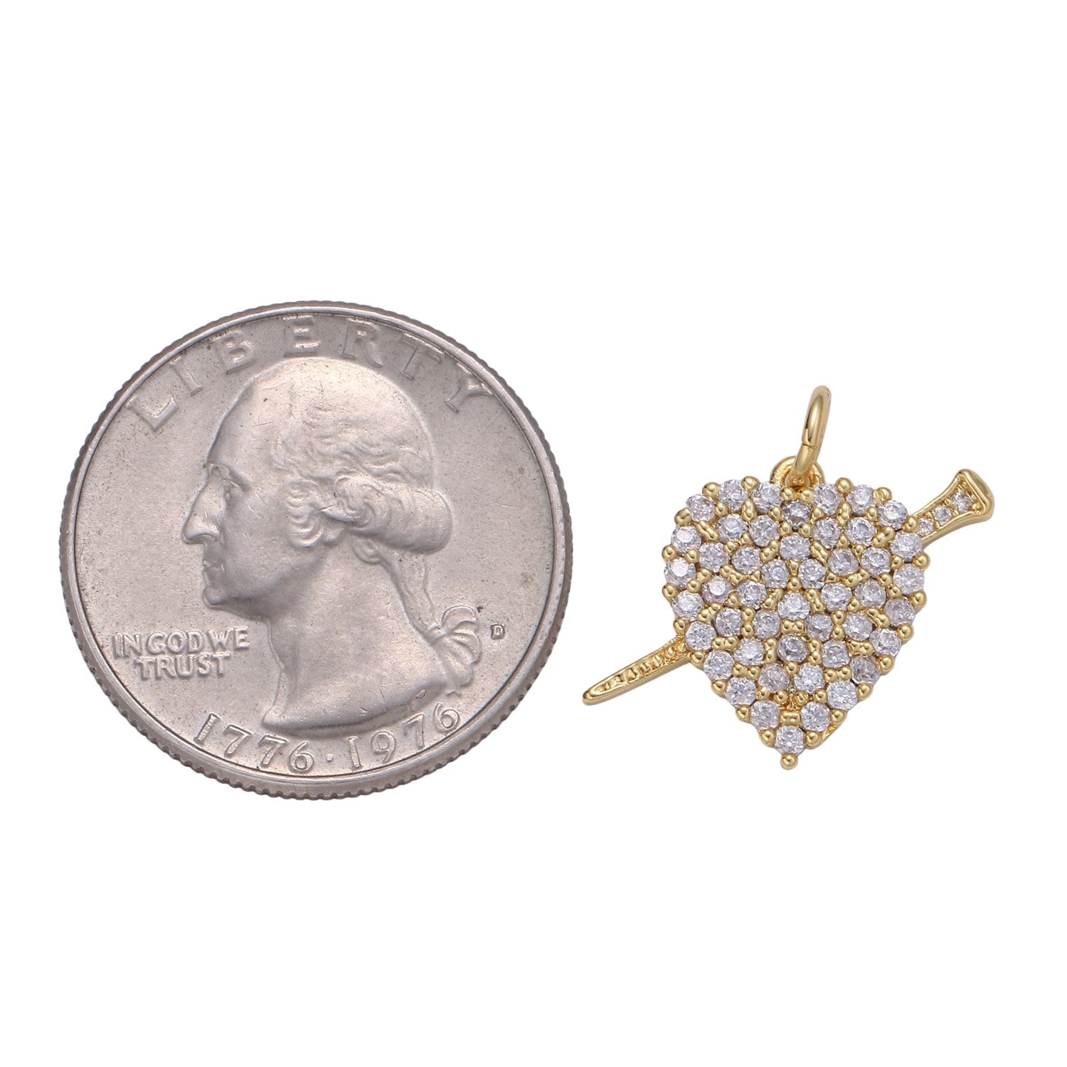 Small Gold Heart with Cupid's Arrow Micro Pave heart Charm for Bracelet Necklace Earring Component